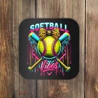 Softball Ice Cream Drip Coquette Bow Softball Vibes Coaster thumb 0