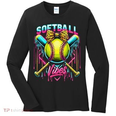 Softball Ice Cream Drip Coquette Bow Softball Vibes Women's Long Sleeve Shirt