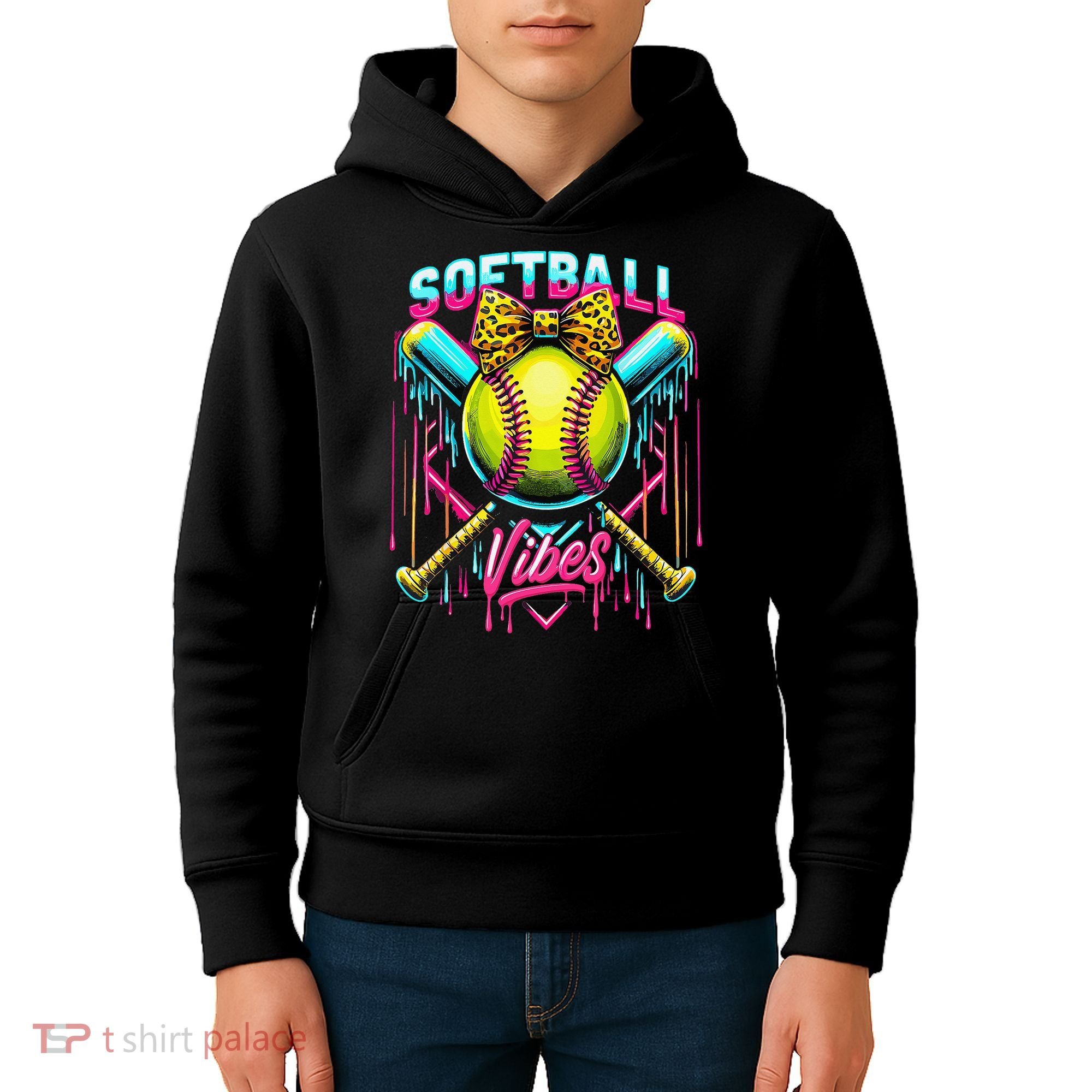 Softball Ice Cream Drip Coquette Bow Softball Vibes Kids Hoodie
