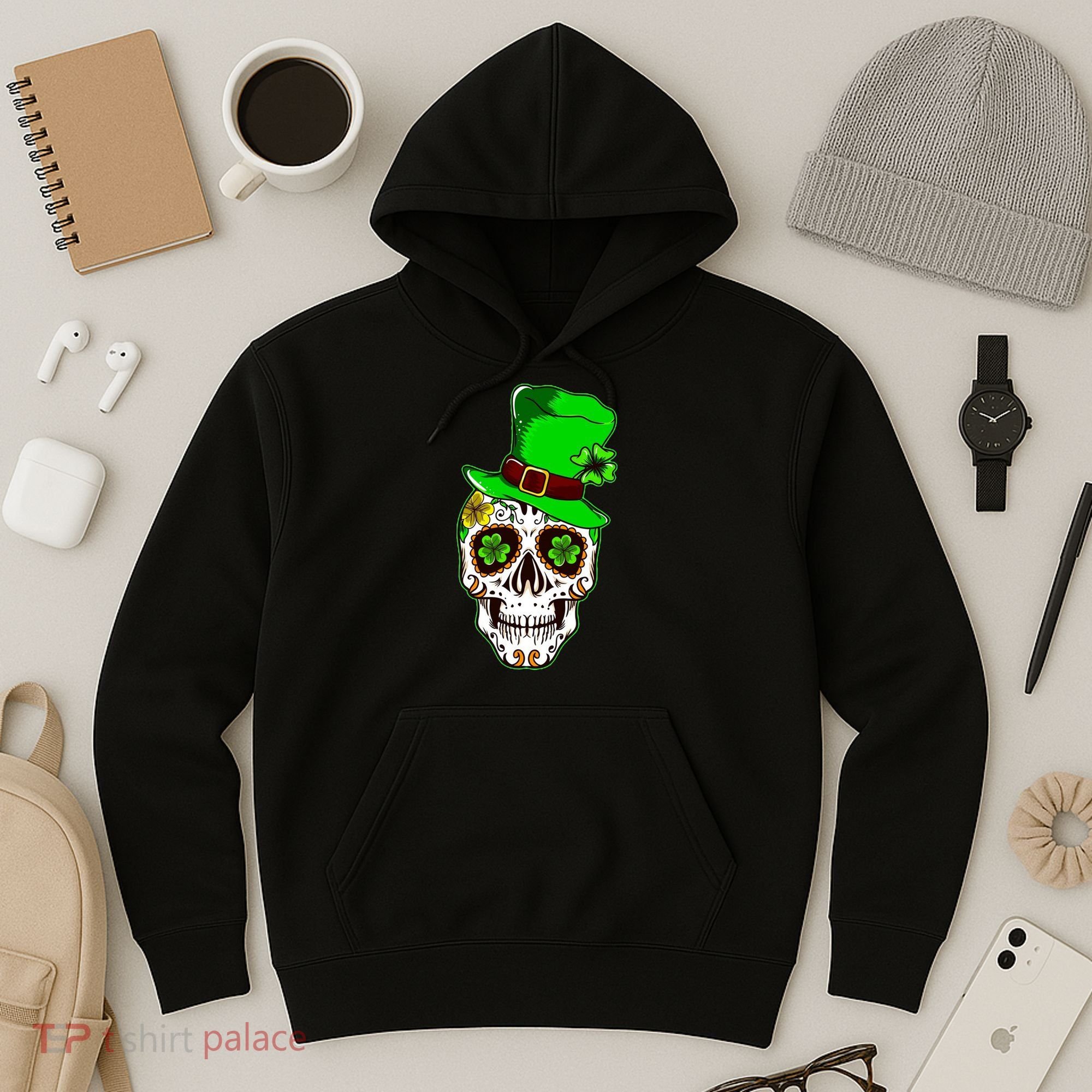 Sugar Irish Clover Skull St Patricks Day Hoodie
