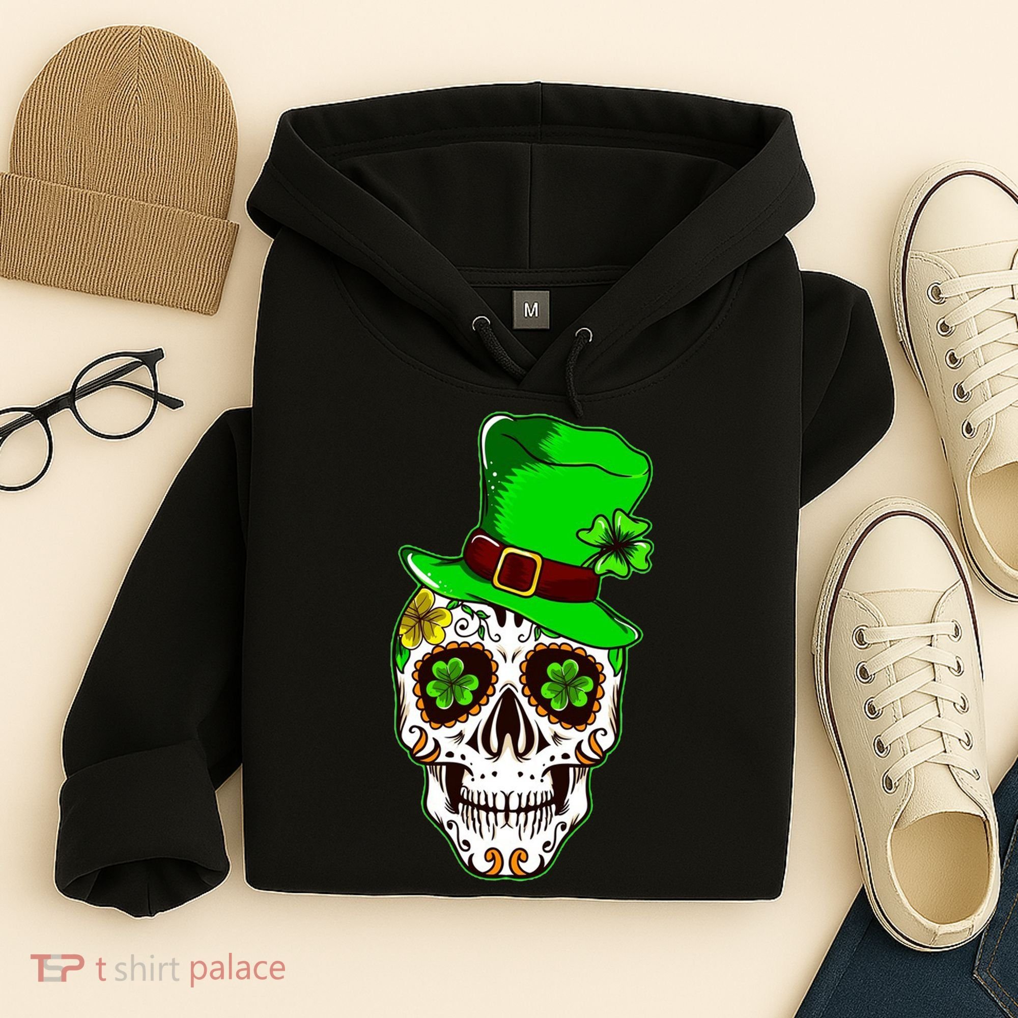 Sugar Irish Clover Skull St Patricks Day Hoodie