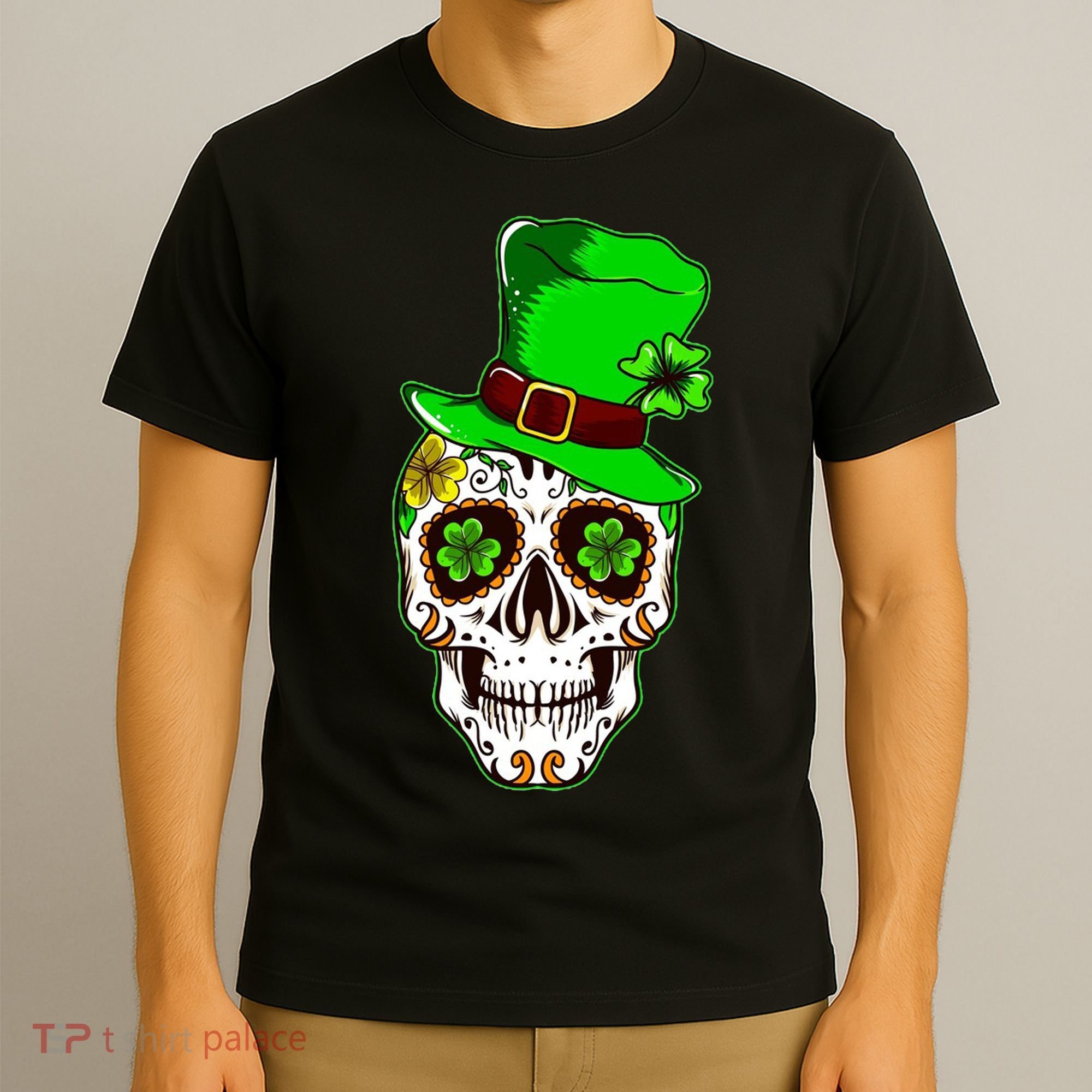 Sugar Irish Clover Skull St Patricks Day T-Shirt