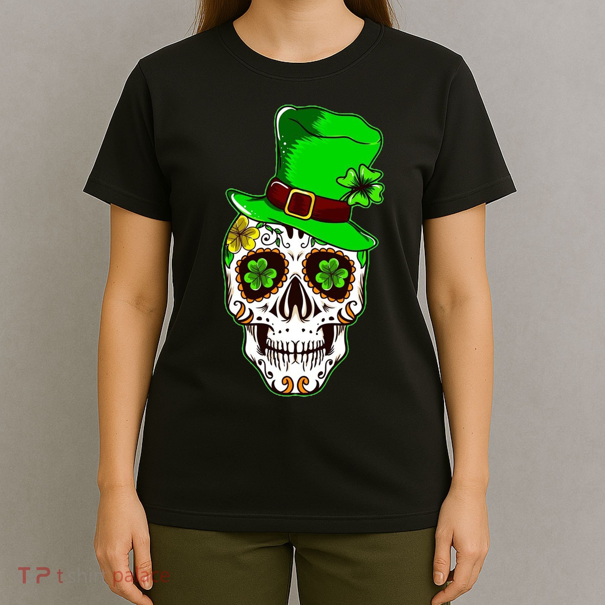 Sugar Irish Clover Skull St Patricks Day T-Shirt