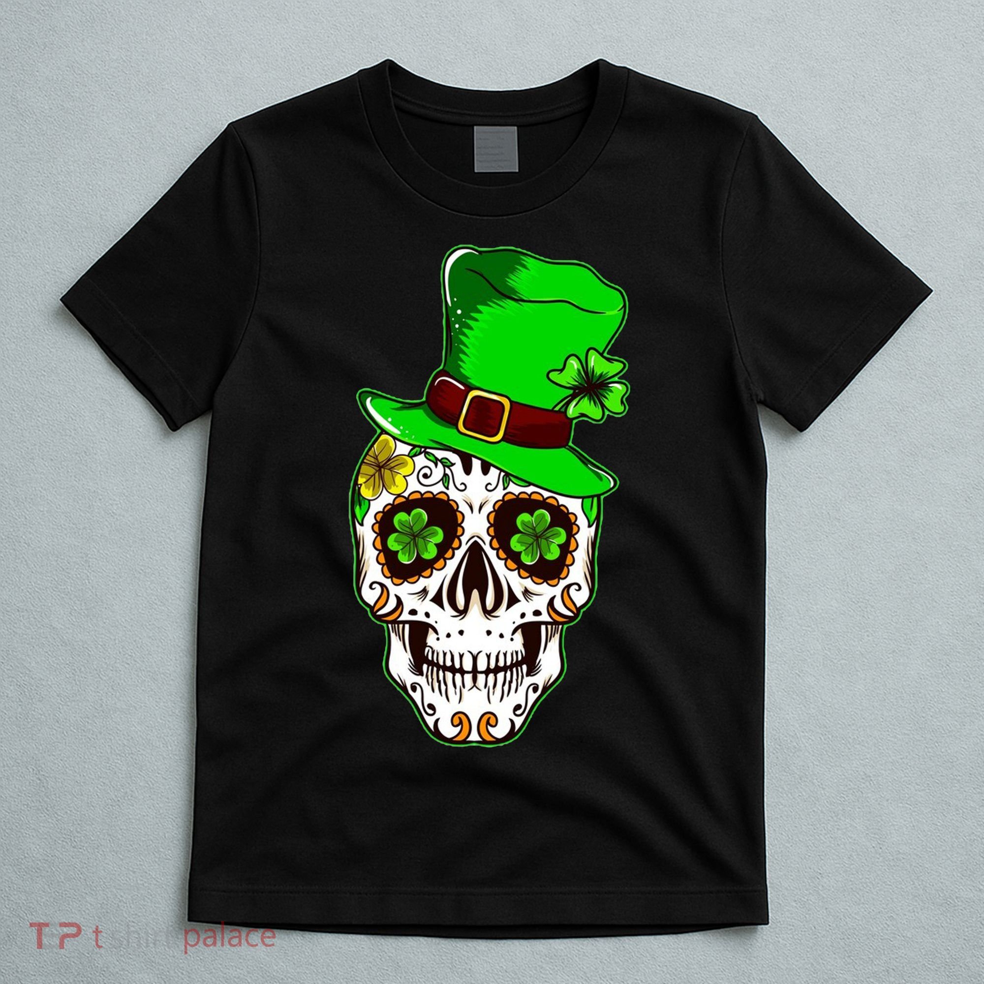 Sugar Irish Clover Skull St Patricks Day T-Shirt