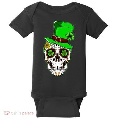 Sugar Irish Clover Skull St Patricks Day Baby Bodysuit