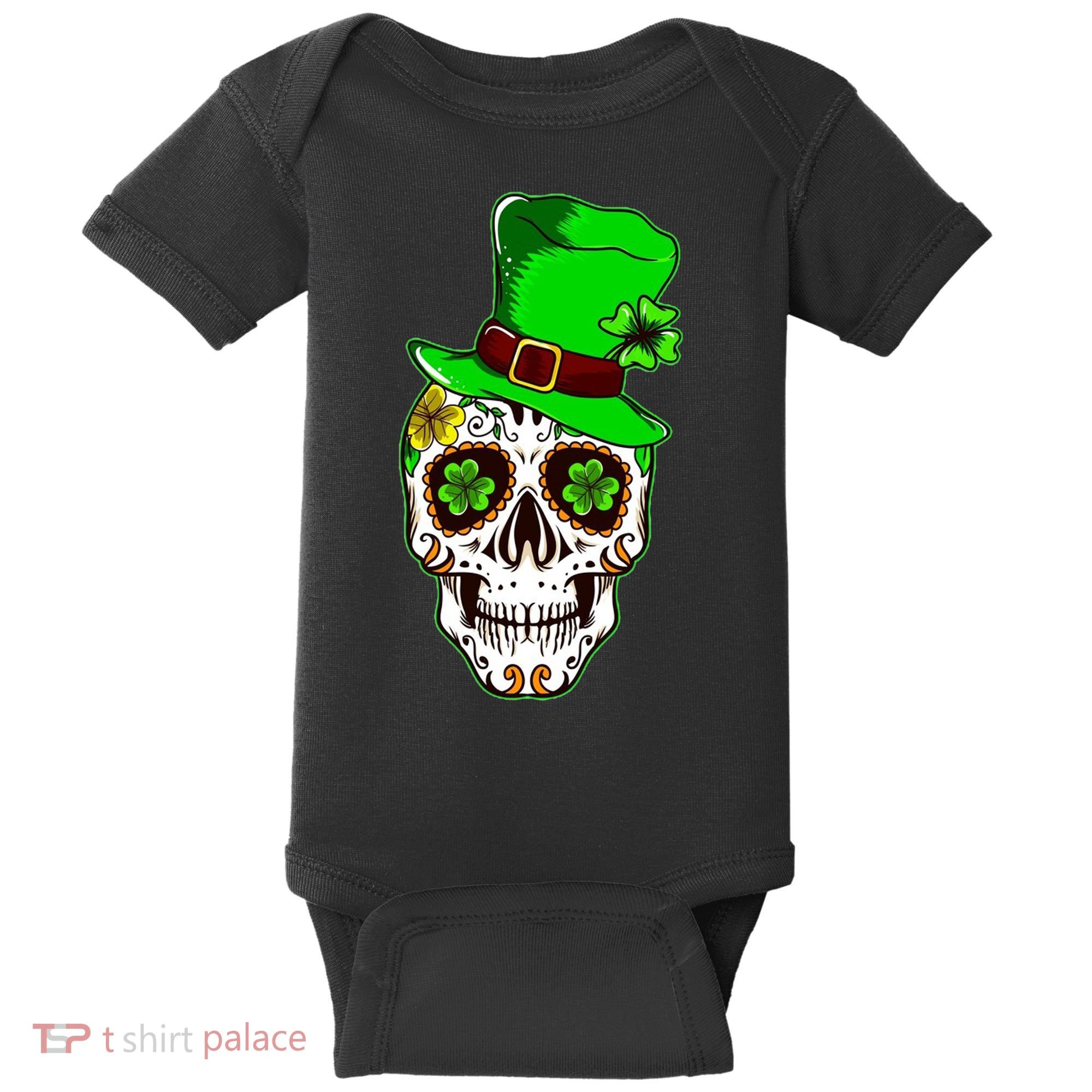 Sugar Irish Clover Skull St Patricks Day Baby Bodysuit