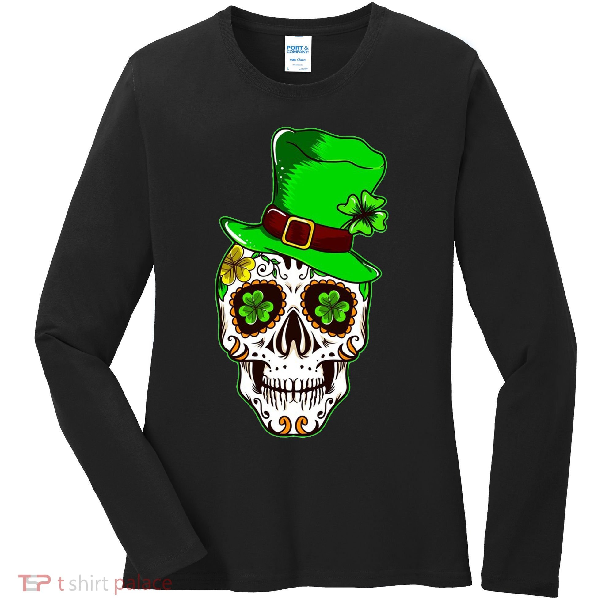 Sugar Irish Clover Skull St Patricks Day Women's Long Sleeve Shirt