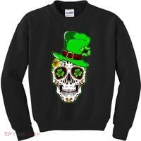 Sugar Irish Clover Skull St Patricks Day Kids Sweatshirt thumb 0
