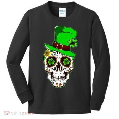 Sugar Irish Clover Skull St Patricks Day Kids Long Sleeve Shirt