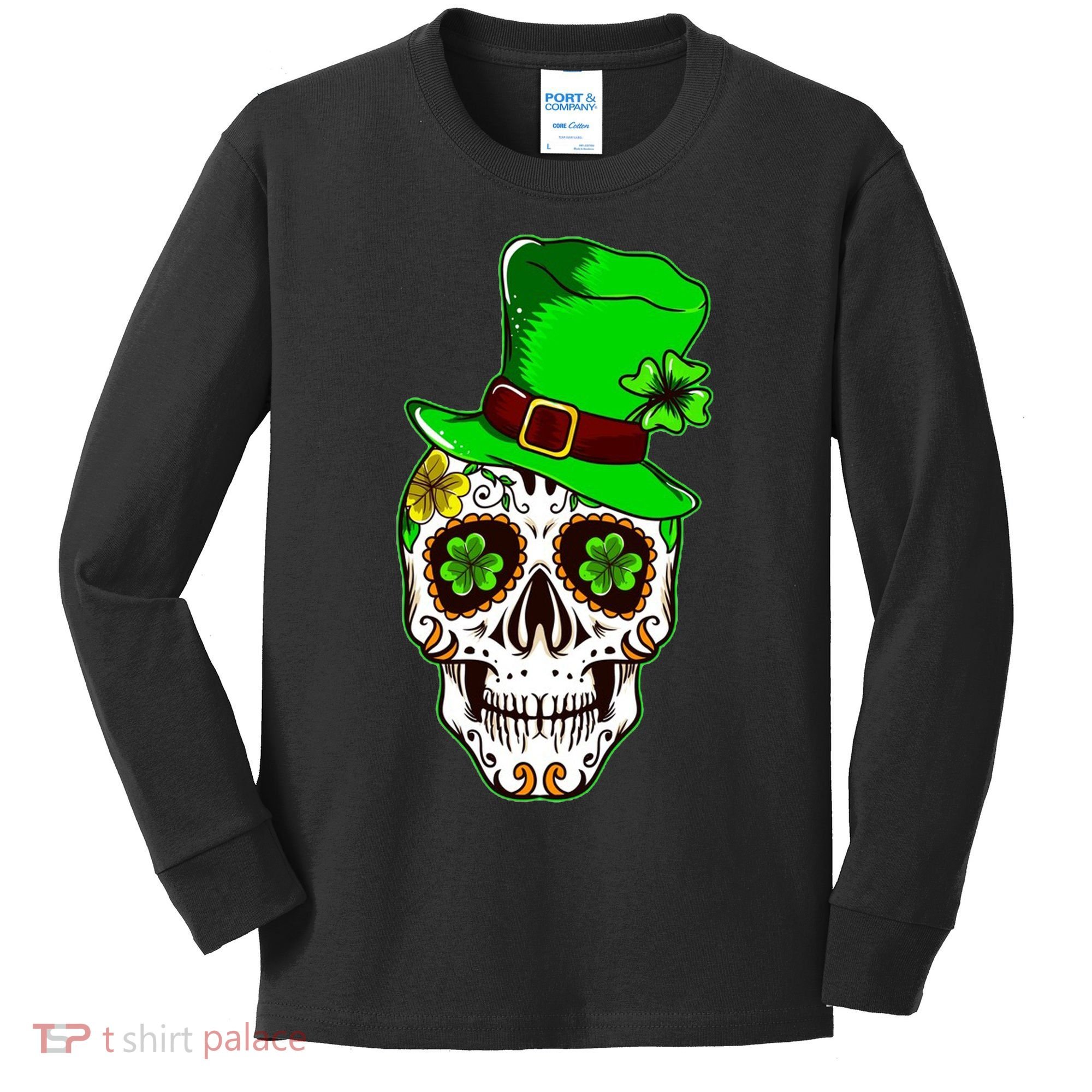 Sugar Irish Clover Skull St Patricks Day Kids Long Sleeve Shirt