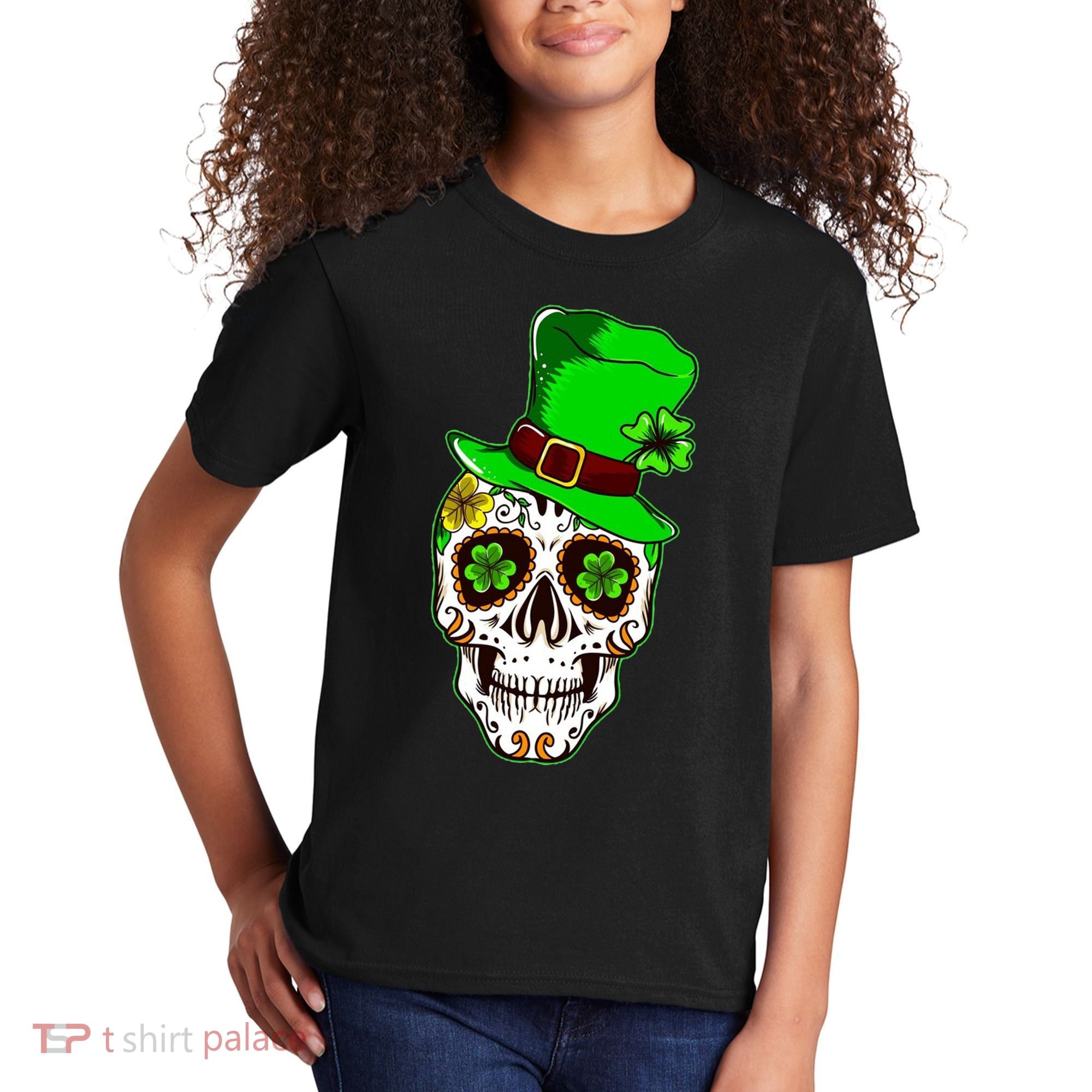 Sugar Irish Clover Skull St Patricks Day Kids T-Shirt