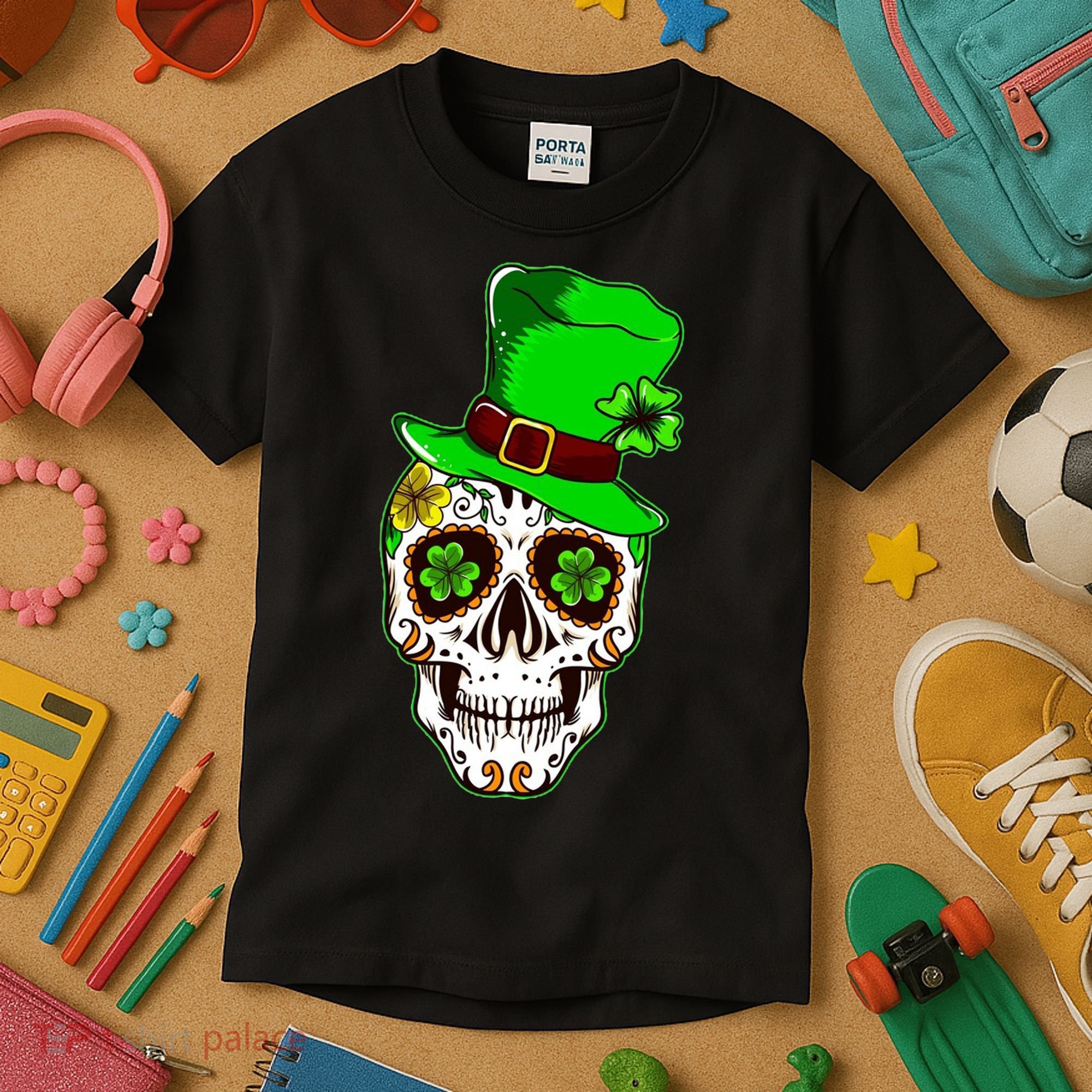 Sugar Irish Clover Skull St Patricks Day Kids T-Shirt