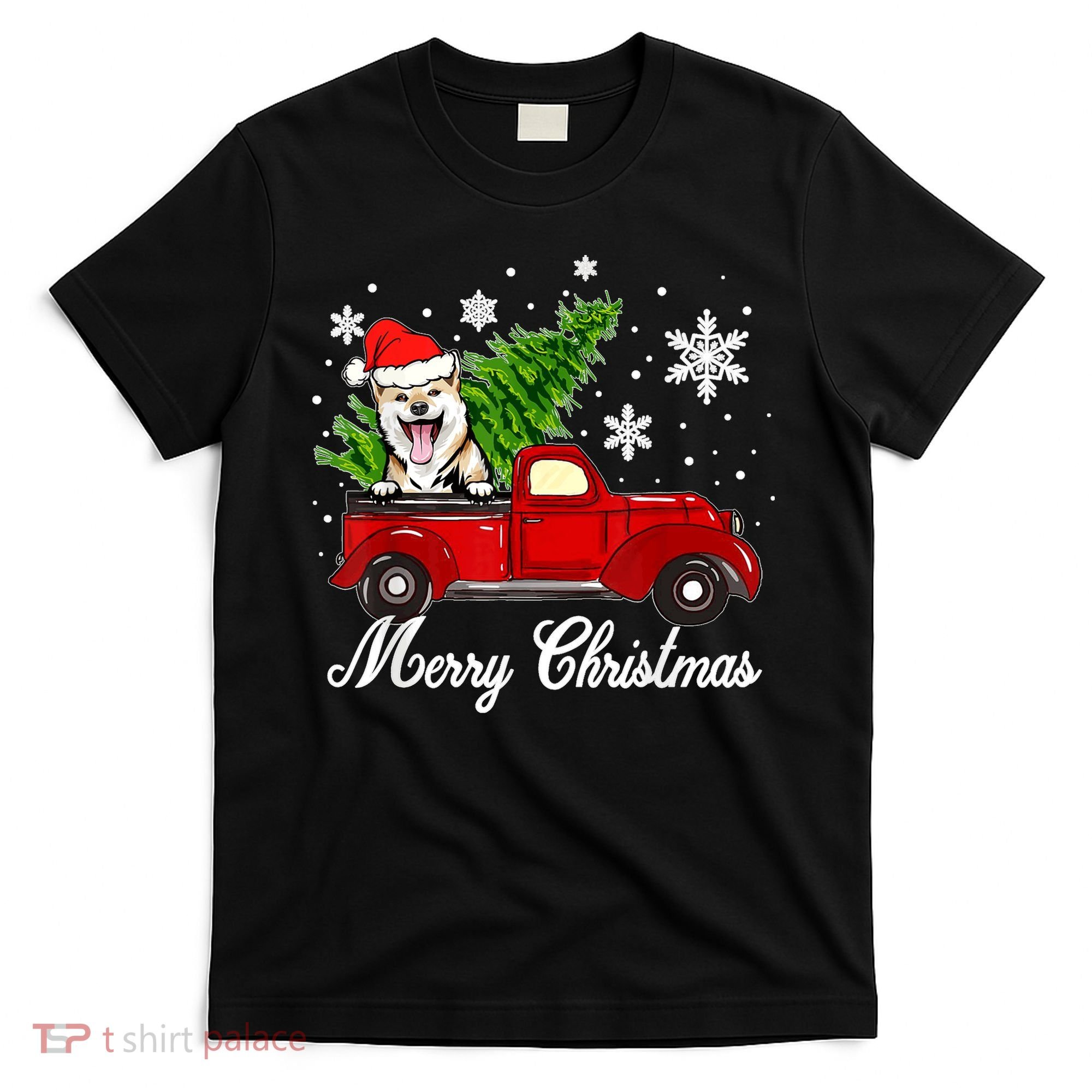 Shiba Inu Dog Riding Red Truck Christmas Decorations Pajama T-Shirt