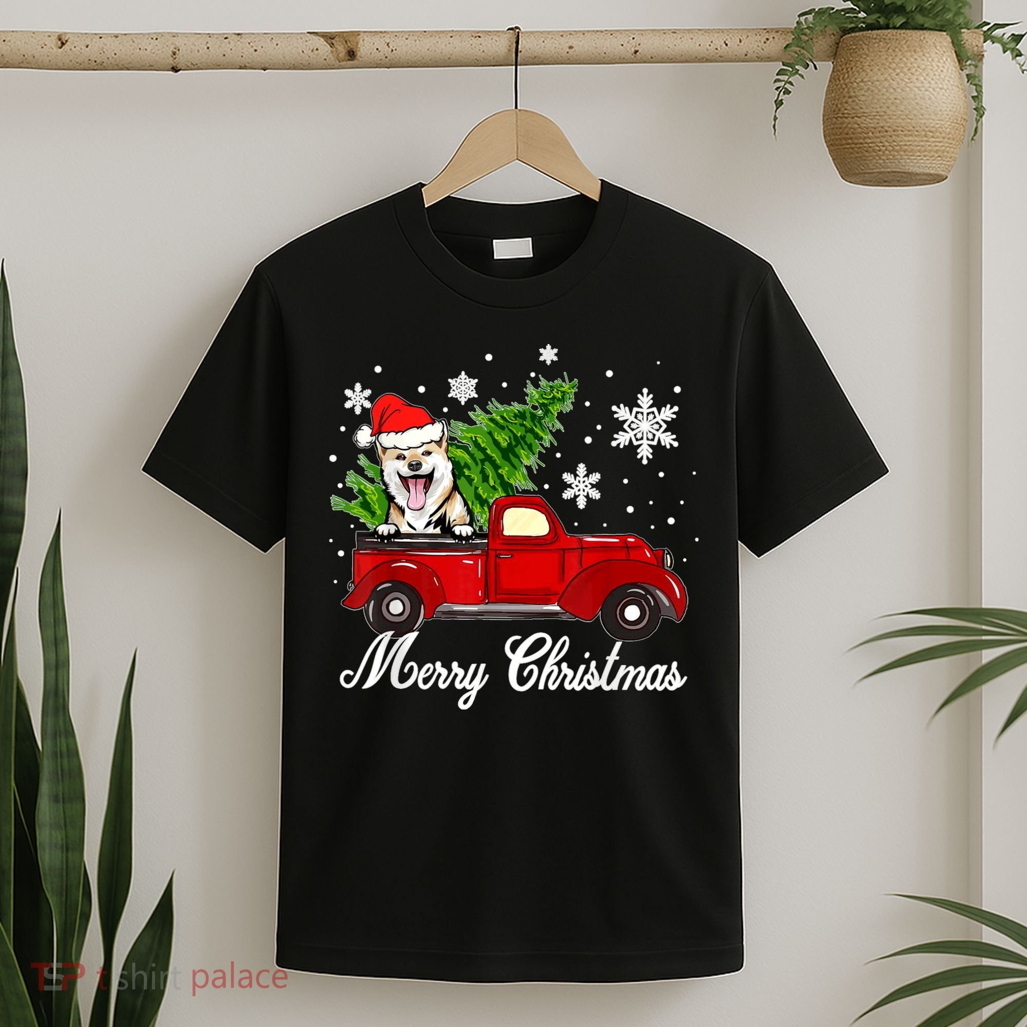 Shiba Inu Dog Riding Red Truck Christmas Decorations Pajama T-Shirt