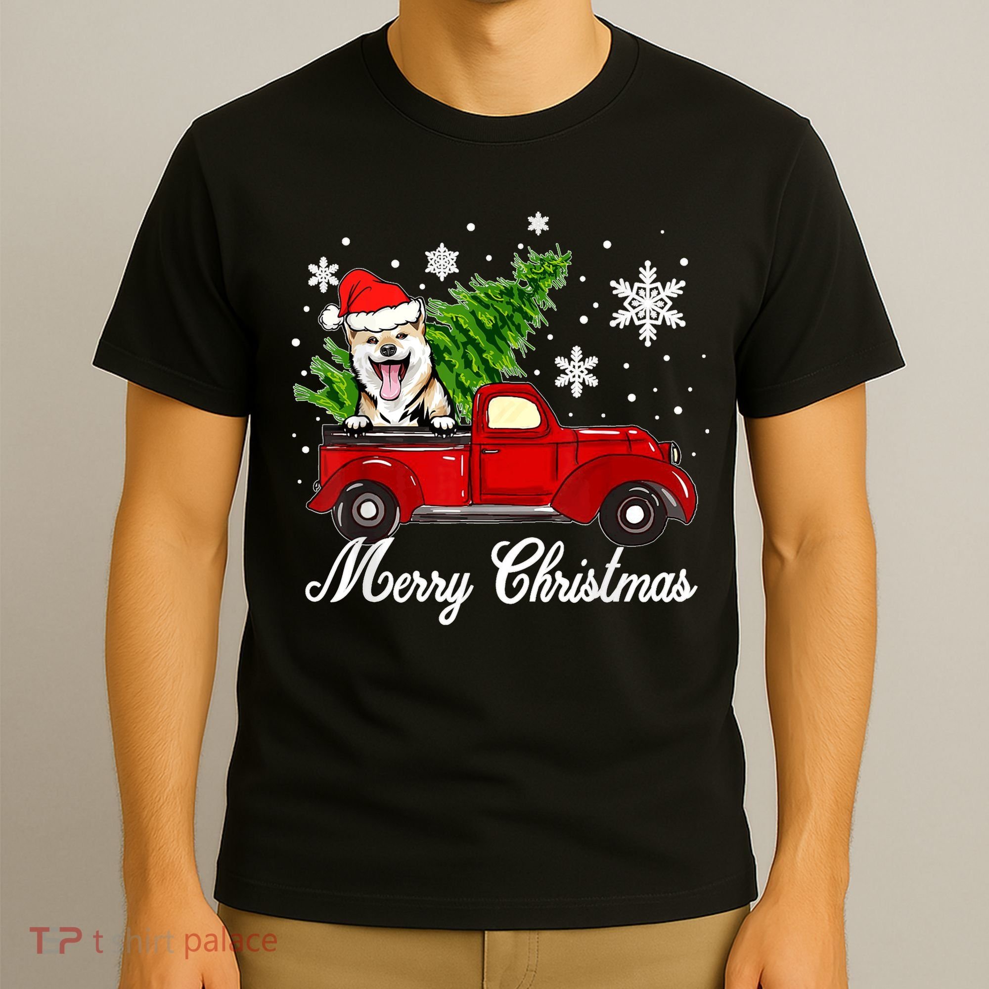 Shiba Inu Dog Riding Red Truck Christmas Decorations Pajama T-Shirt