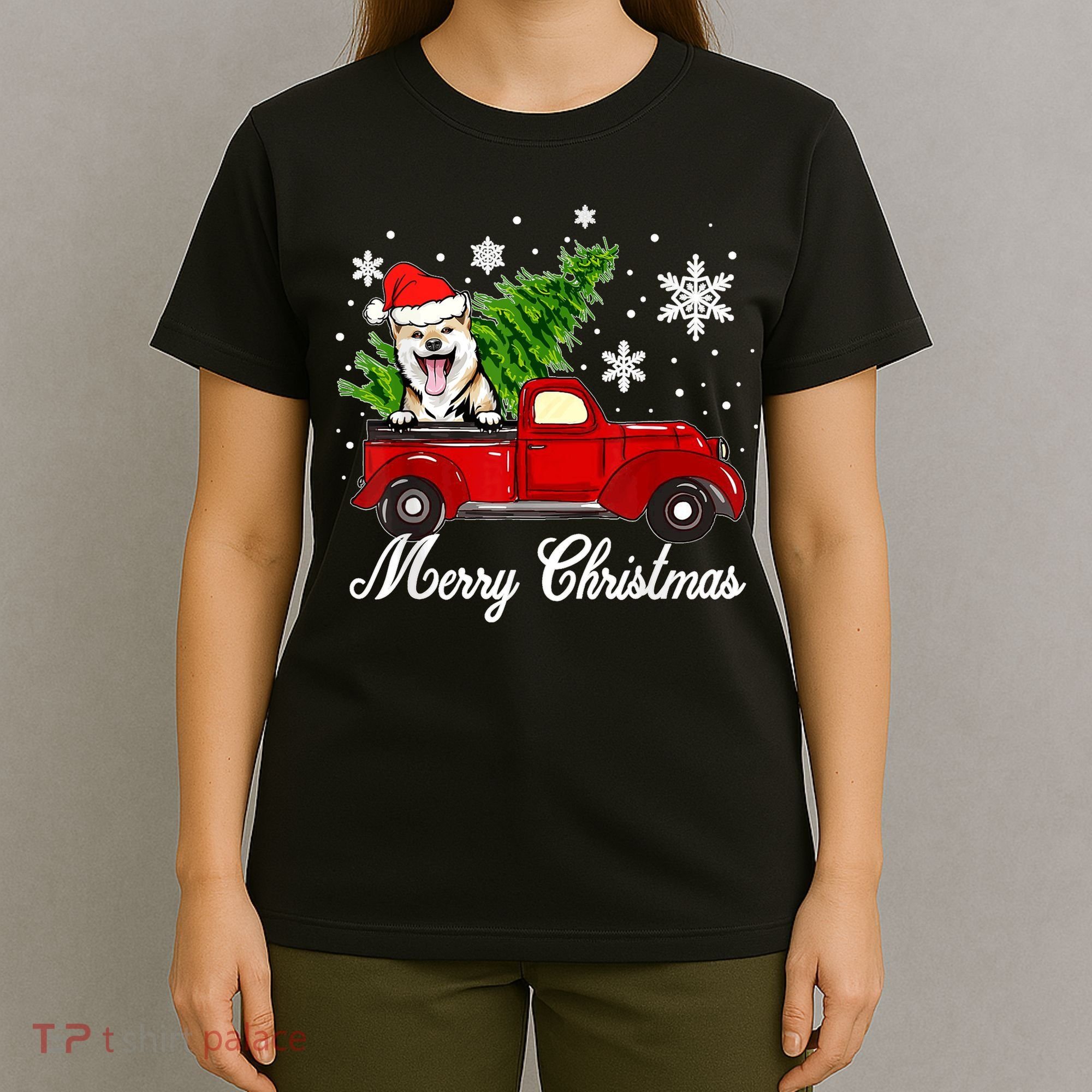 Shiba Inu Dog Riding Red Truck Christmas Decorations Pajama T-Shirt