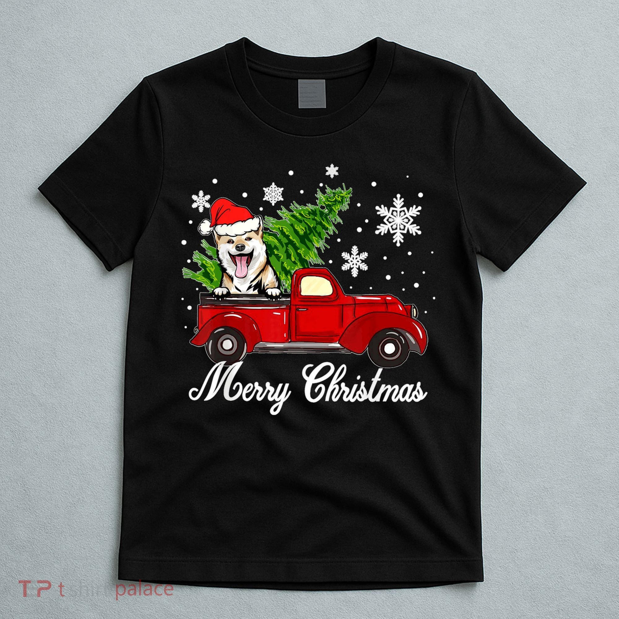 Shiba Inu Dog Riding Red Truck Christmas Decorations Pajama T-Shirt