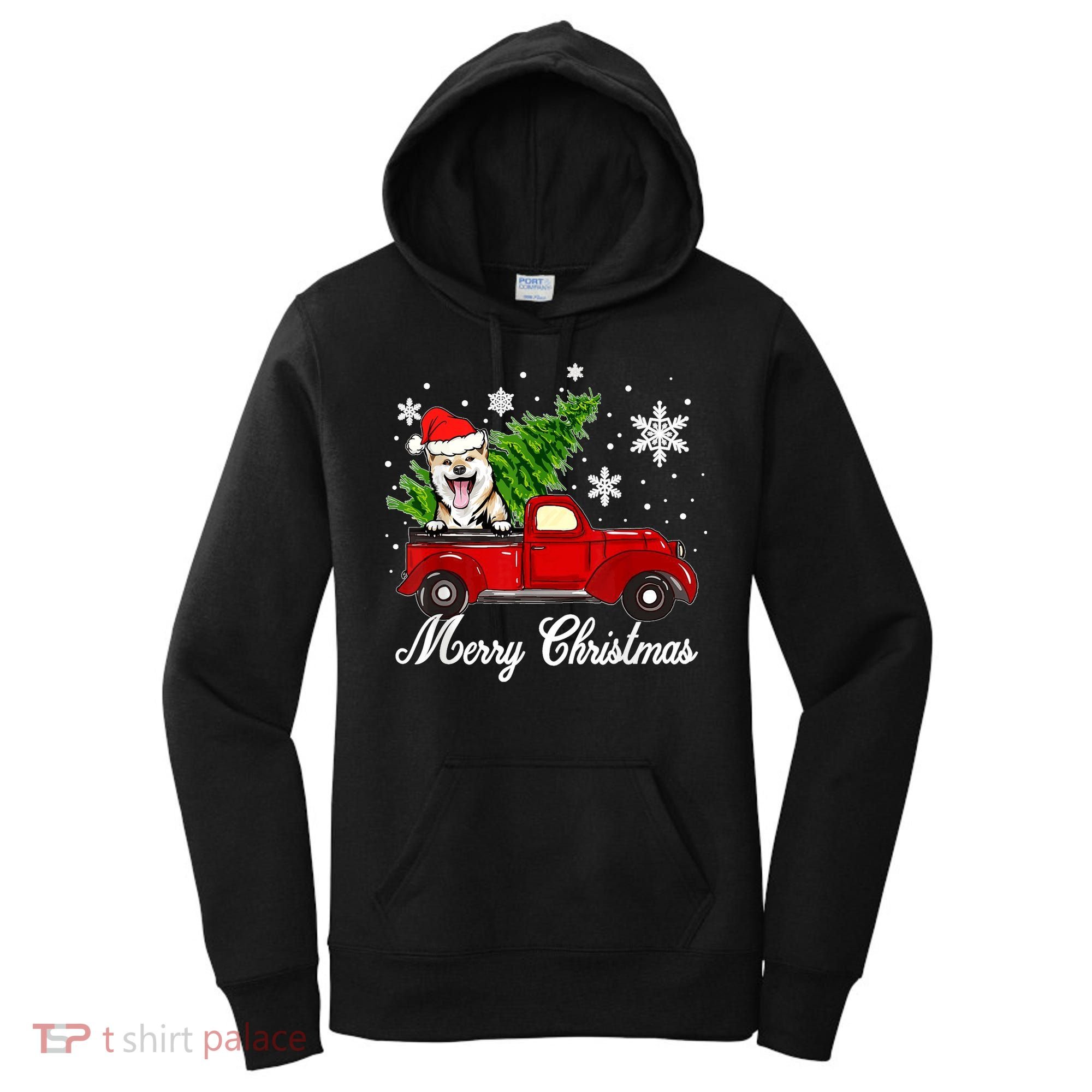 Shiba Inu Dog Riding Red Truck Christmas Decorations Pajama Women's Hoodie