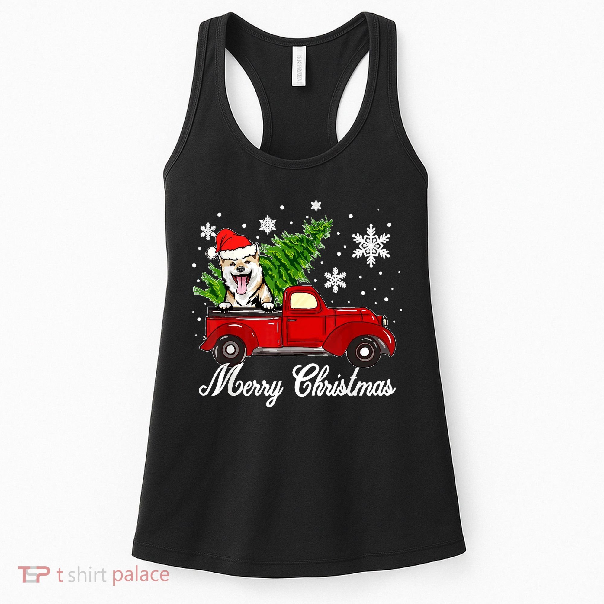 Shiba Inu Dog Riding Red Truck Christmas Decorations Pajama Women's Tank Top