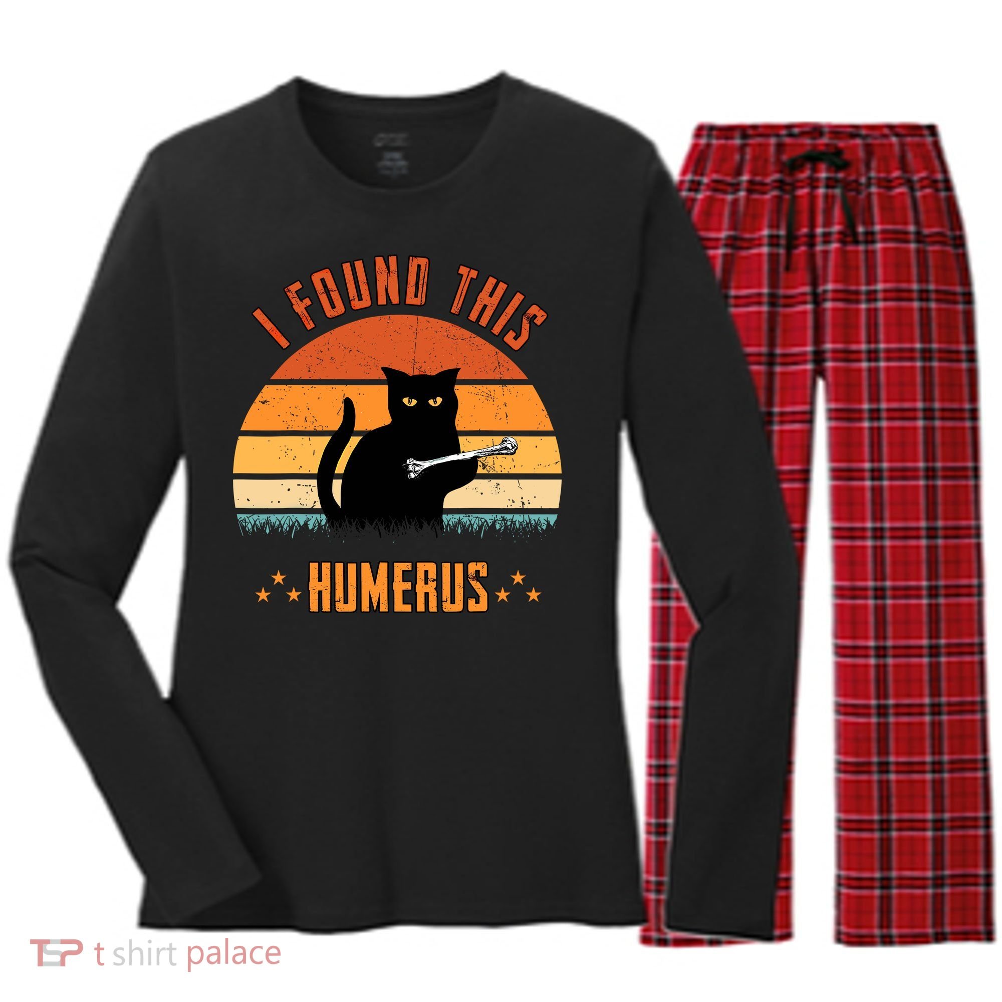 Scary I Found This Humerus Cat Black Humorous Women's Long Sleeve Flannel Pajama Set 