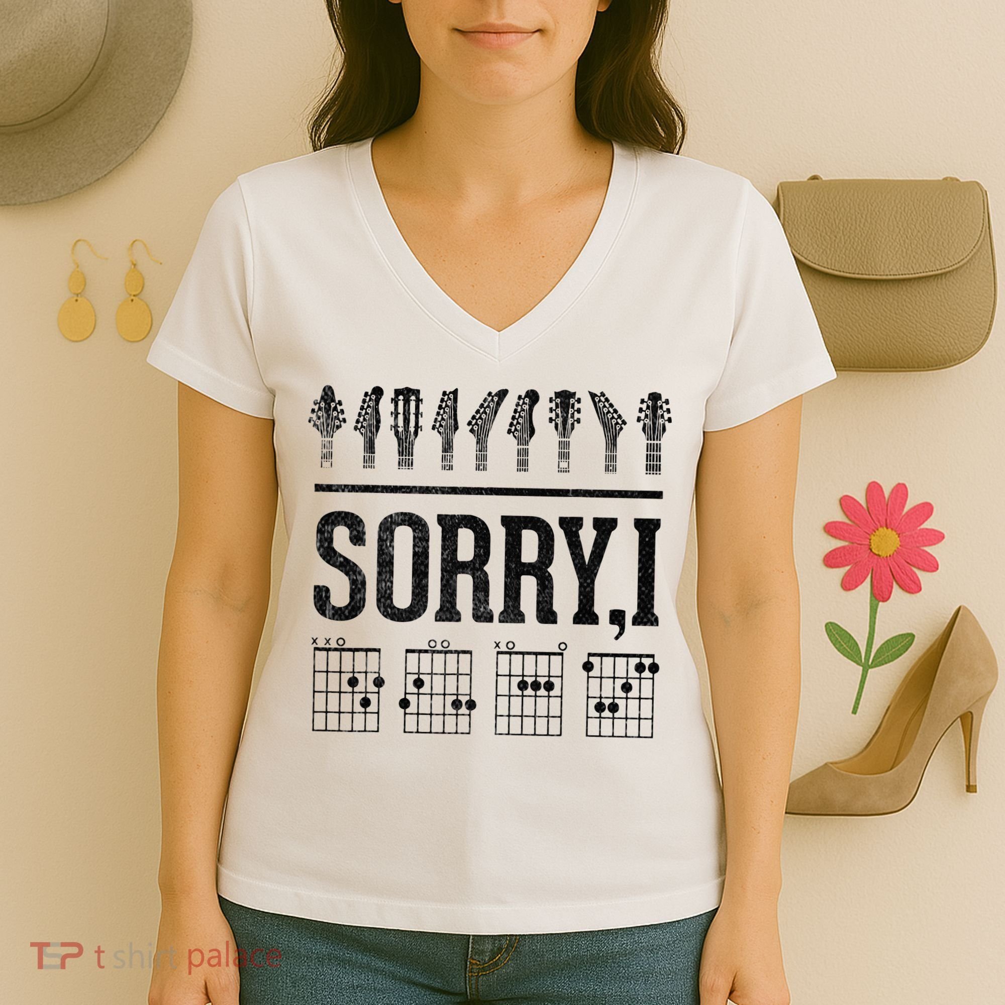 Sorry IDGAF Hidden Message Music Note Dgaf Guitar Chords Women's V-Neck T-Shirt