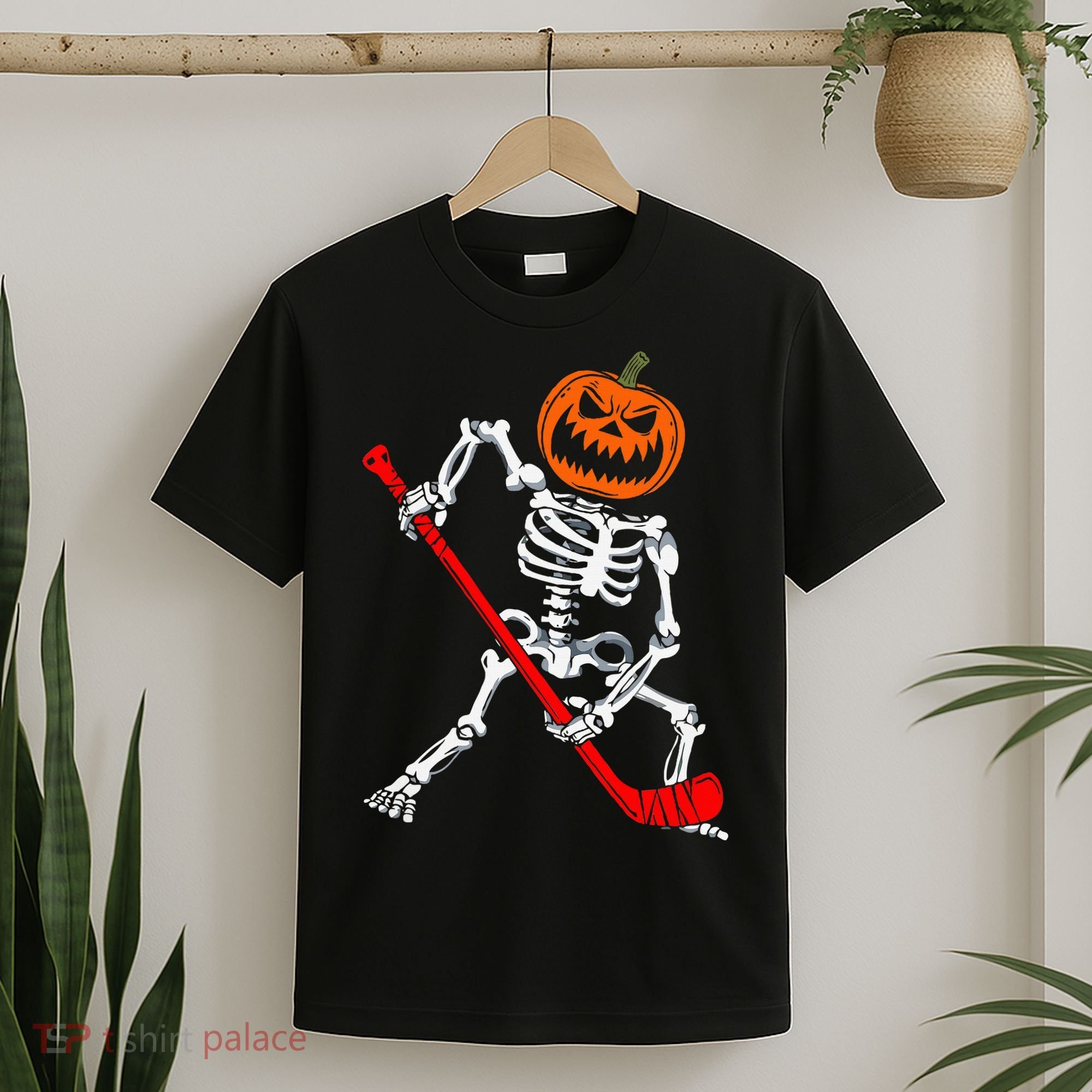 Skeleton Ice Hockey Halloween Pumpkin Hockey T-Shirt