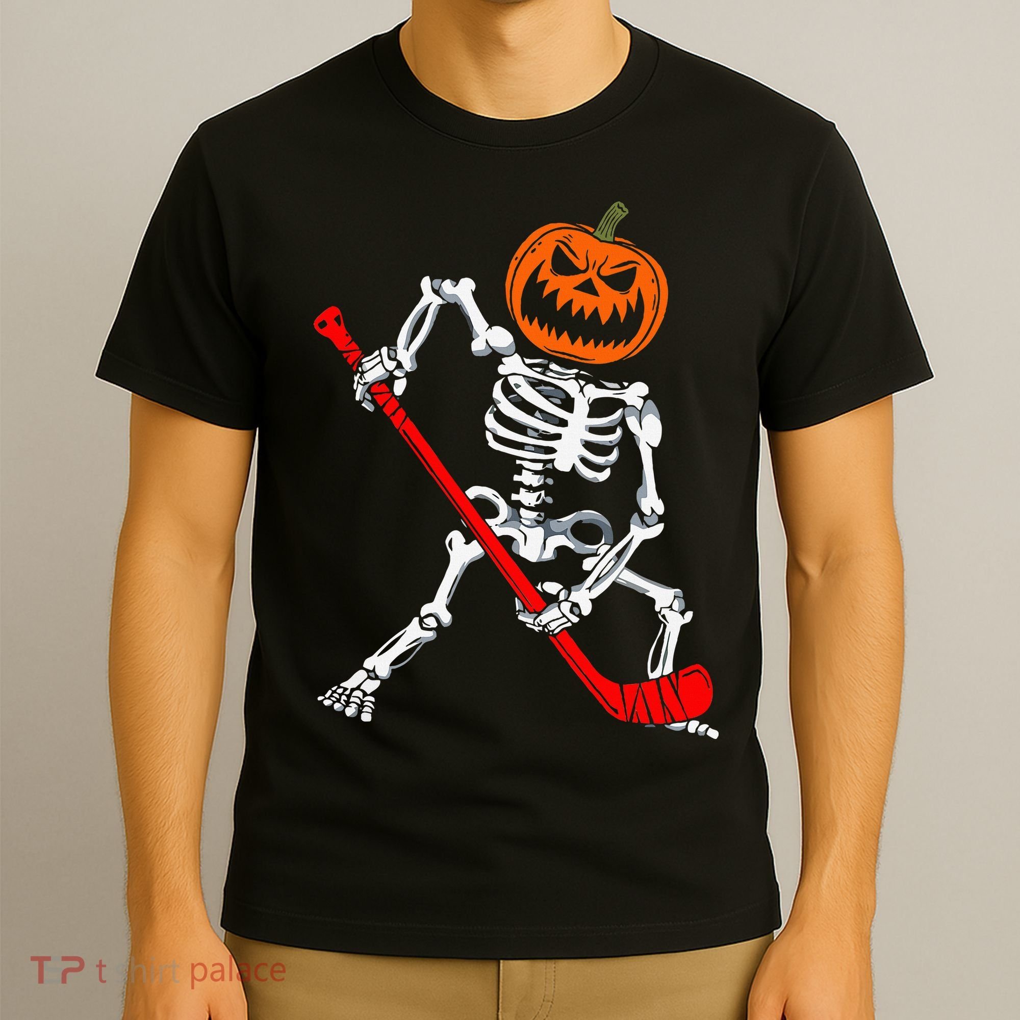 Skeleton Ice Hockey Halloween Pumpkin Hockey T-Shirt