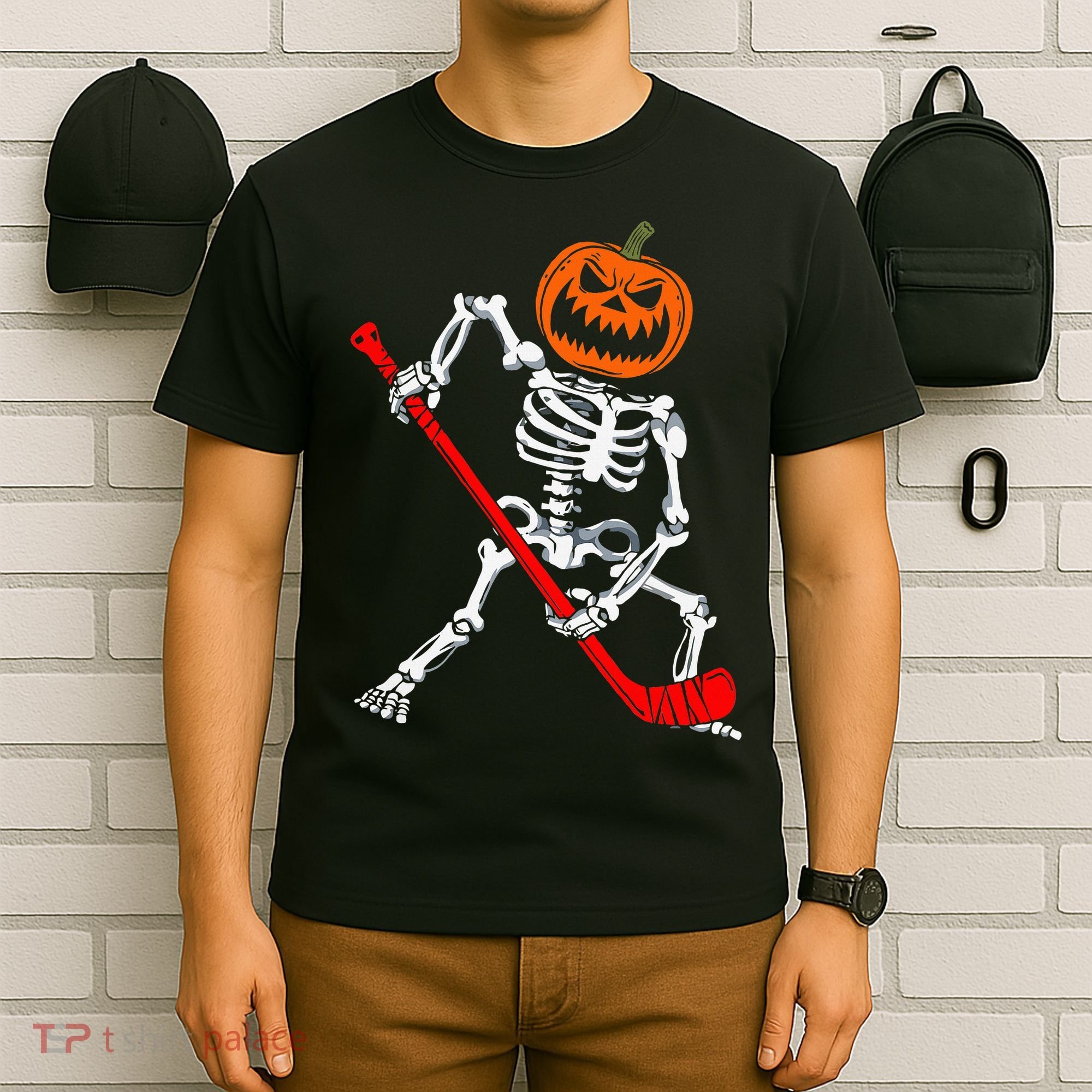 Skeleton Ice Hockey Halloween Pumpkin Hockey T-Shirt