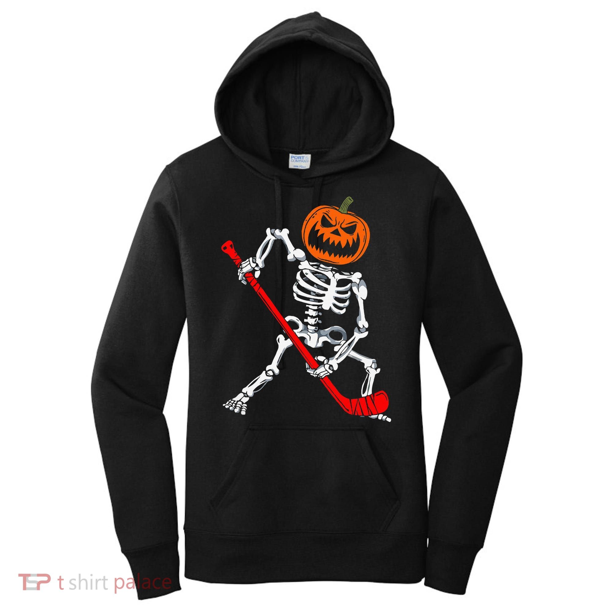 Skeleton Ice Hockey Halloween Pumpkin Hockey Women's Hoodie