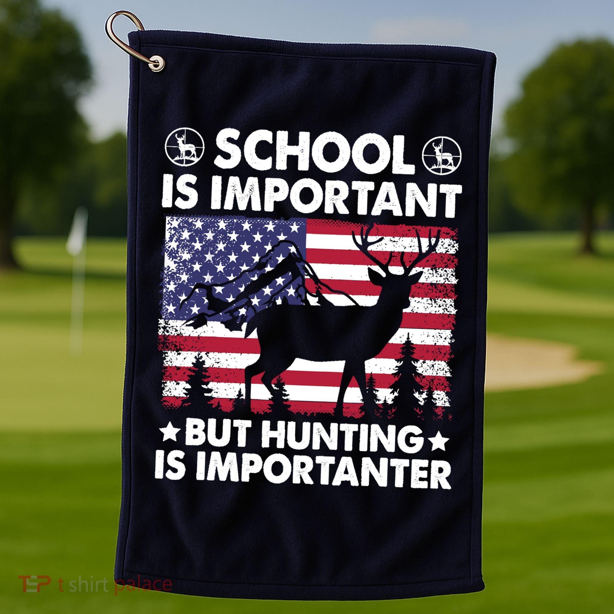 School Is Important But Hunting Is Importanter Funny Hunting Golf Towel