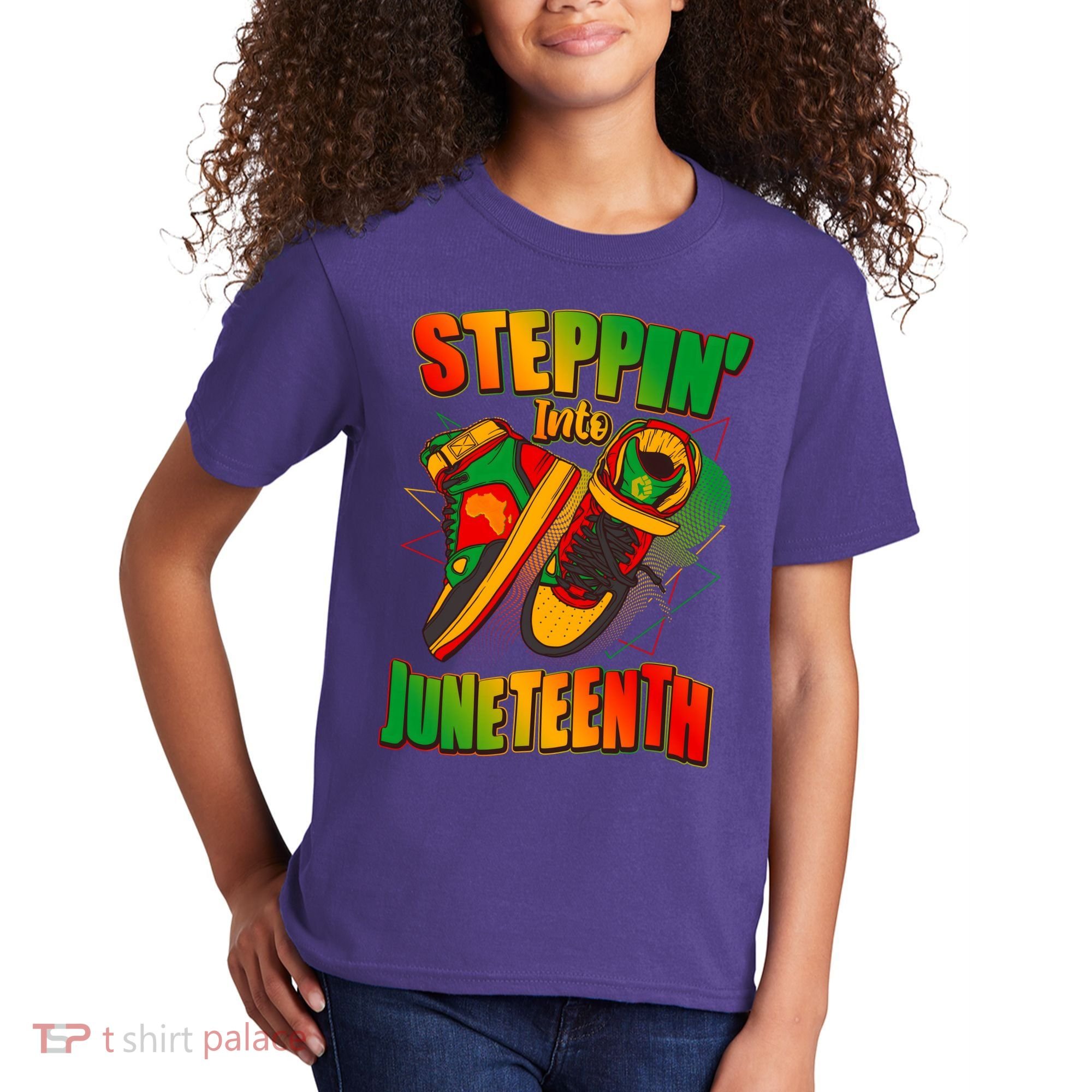 Steppin Into Juneteenth Sneaker Gym Shoes Celebrate Juneteenth Kids T-Shirt