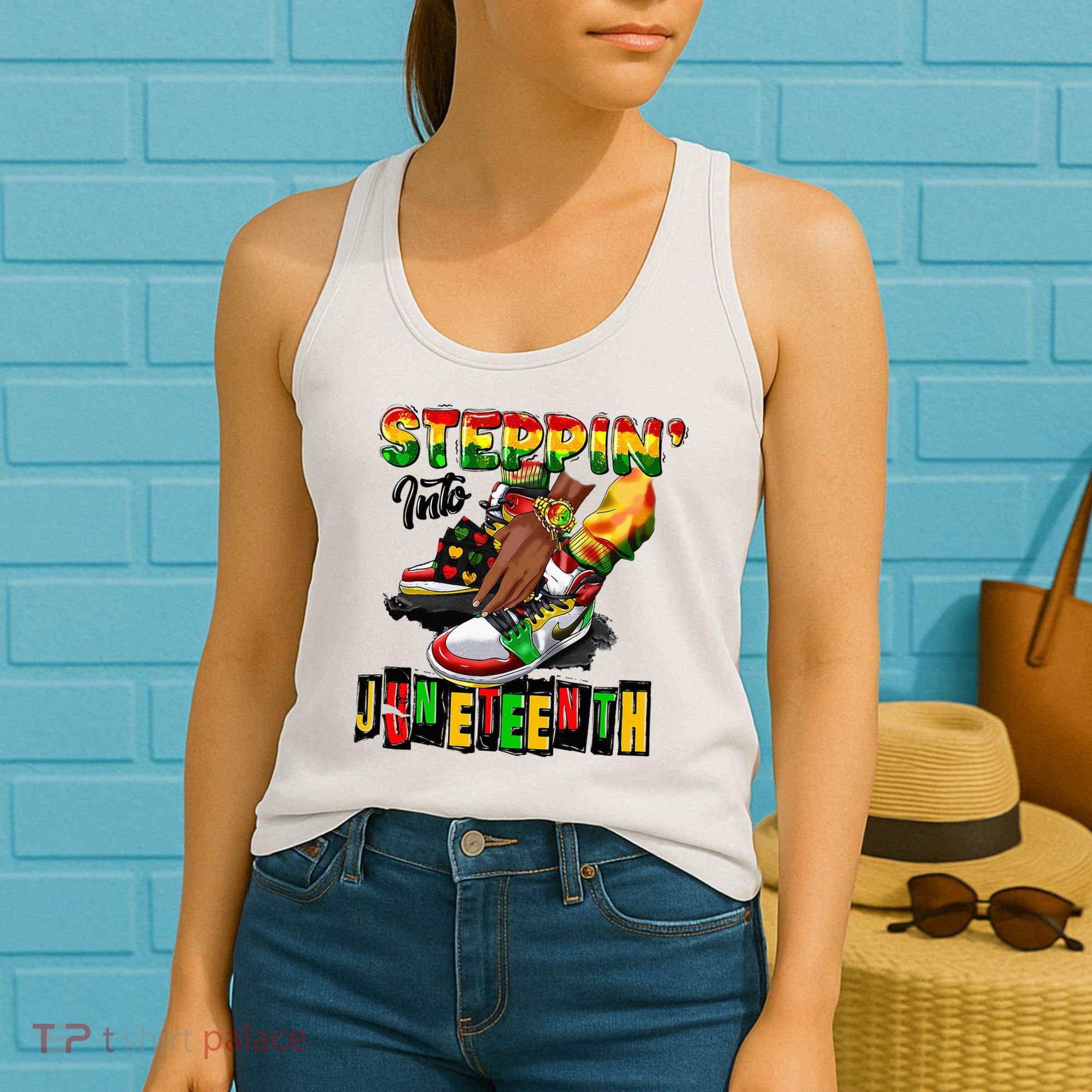 Stepping Into Juneteenth African American Black Shoes Women's Tank Top