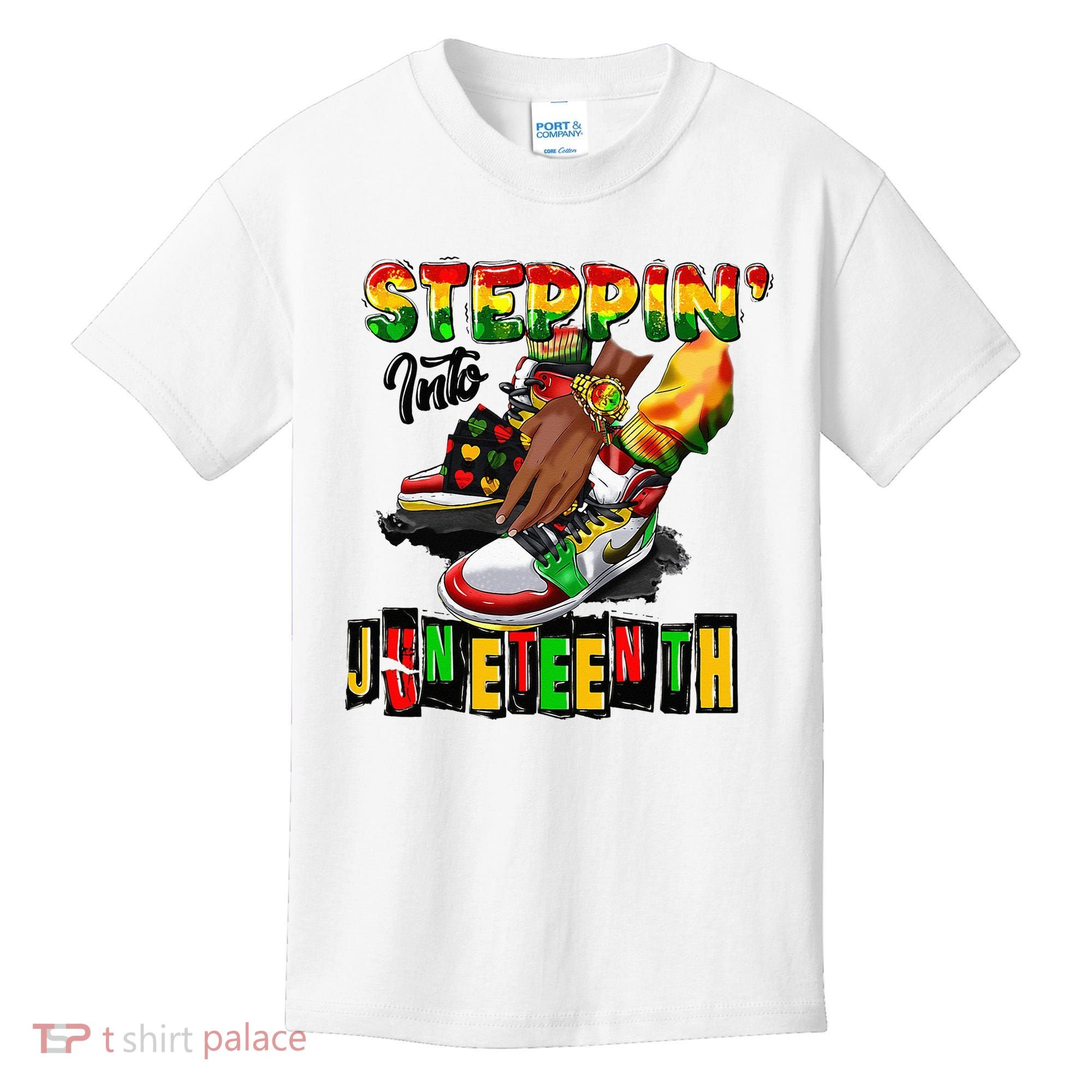 Stepping Into Juneteenth African American Black Shoes Kids T-Shirt