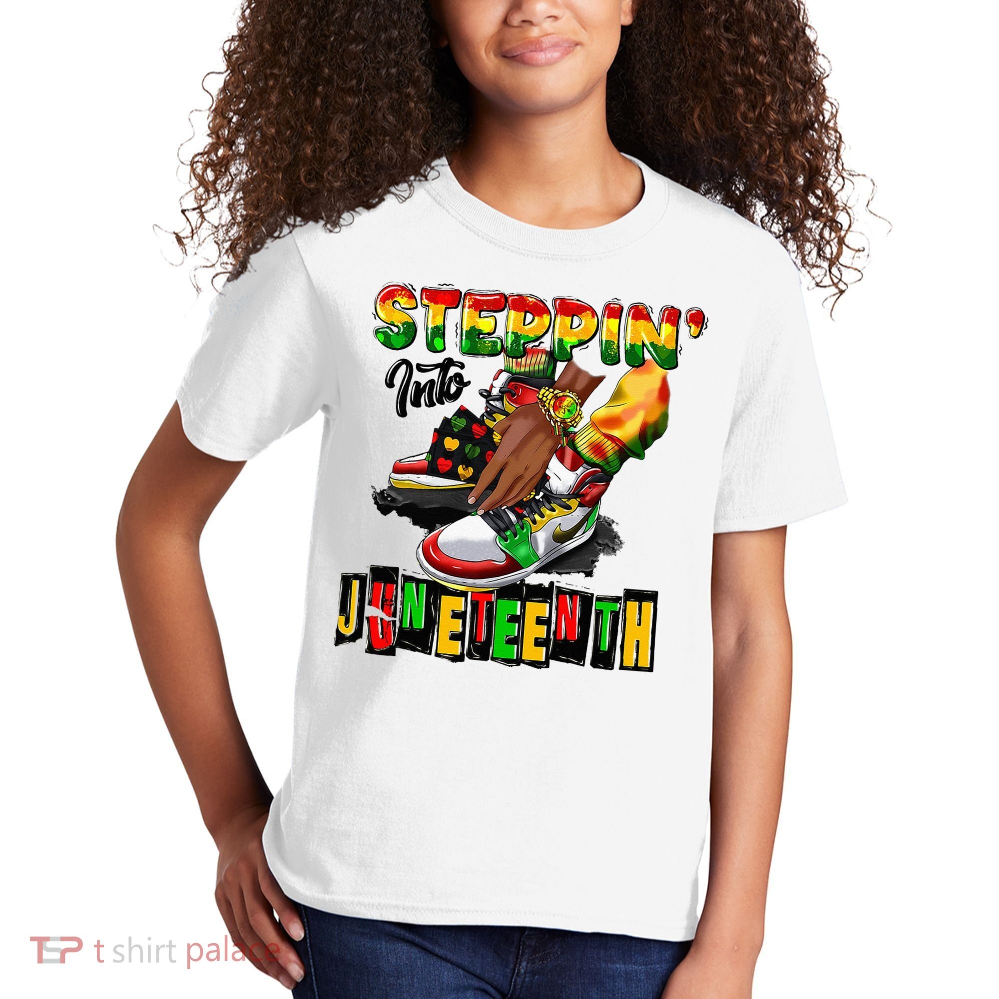 Stepping Into Juneteenth African American Black Shoes Kids T-Shirt