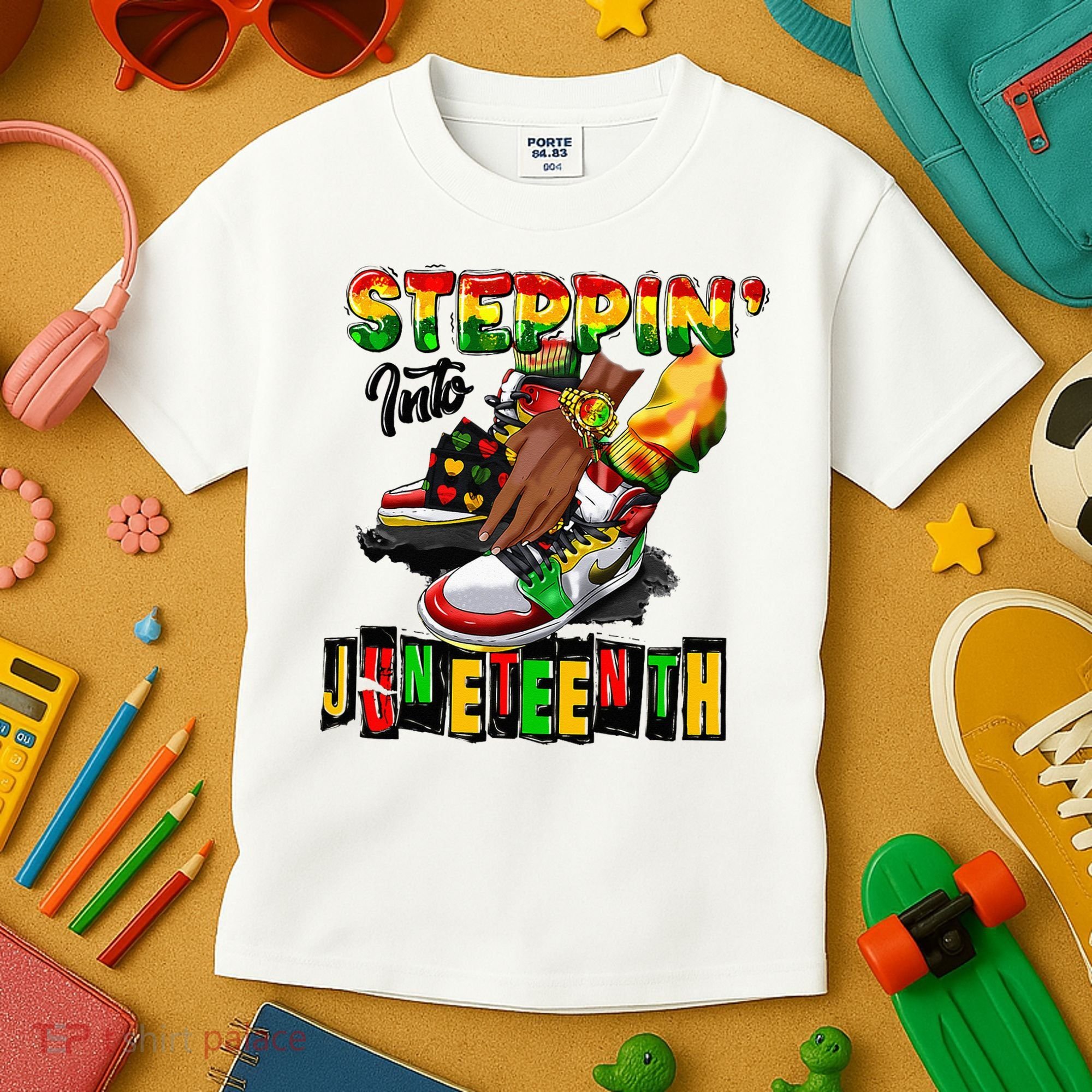 Stepping Into Juneteenth African American Black Shoes Kids T-Shirt