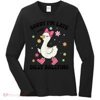 Sorry I'M Late I Was Dilly Dallying Boho Floral Cute Goose Women's Long Sleeve Shirt thumb 0