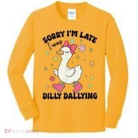 Sorry I'M Late I Was Dilly Dallying Boho Floral Cute Goose Kids Long Sleeve Shirt thumb 0