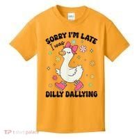 Sorry I'M Late I Was Dilly Dallying Boho Floral Cute Goose Kids T-Shirt thumb 0