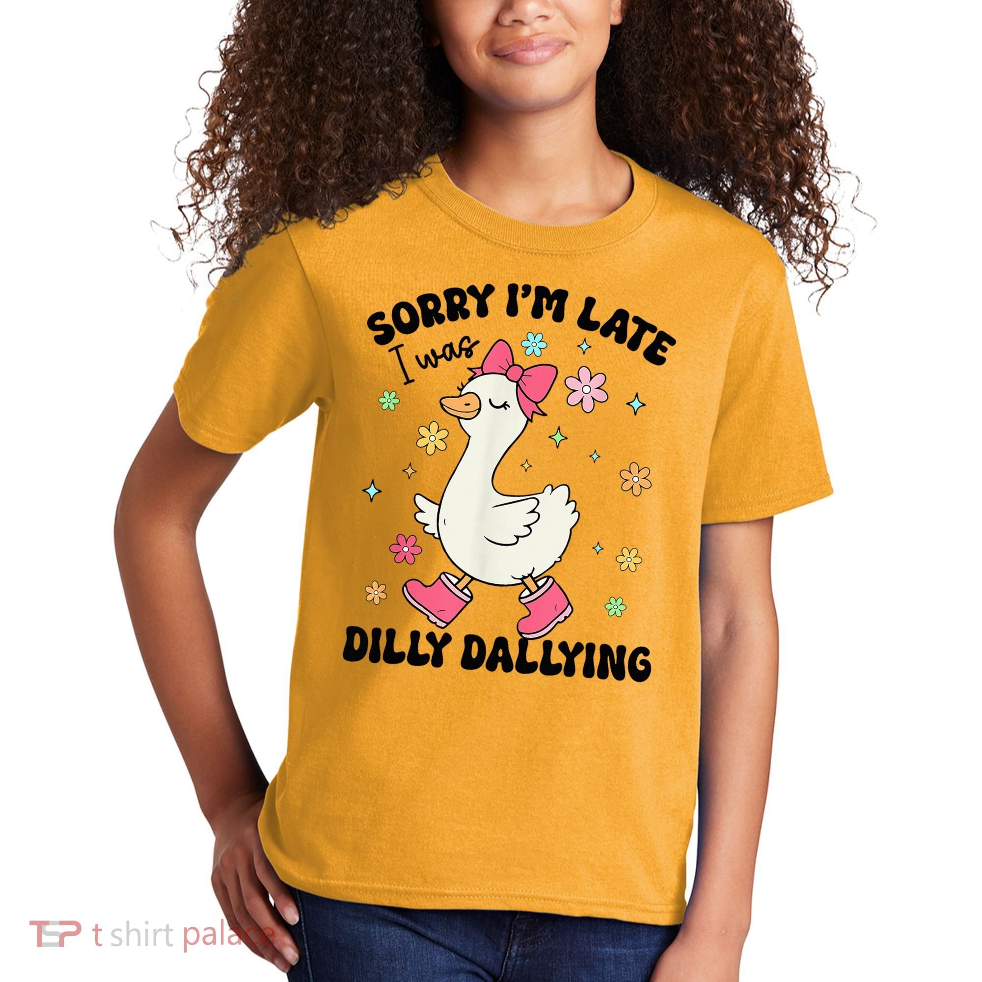 Sorry I'M Late I Was Dilly Dallying Boho Floral Cute Goose Kids T-Shirt