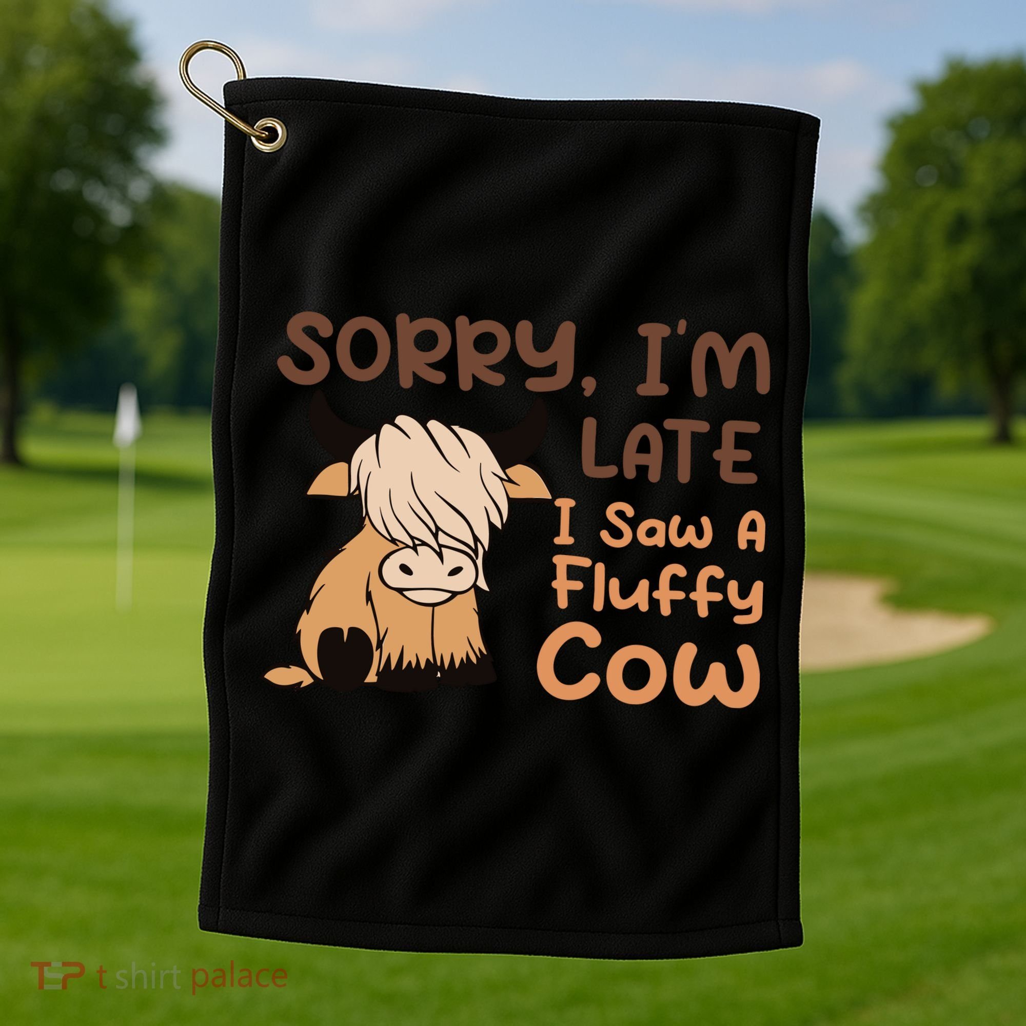 Sorry IM Late I Saw A Fluffy Cow Highland Cow Breeder Golf Towel