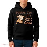 Sorry IM Late I Saw A Fluffy Cow Highland Cow Breeder Kids Hoodie thumb 4