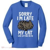 Sorry Im Late Cat Sitting On Me Funny Pet Kids Long Sleeve Shirt thumb 0