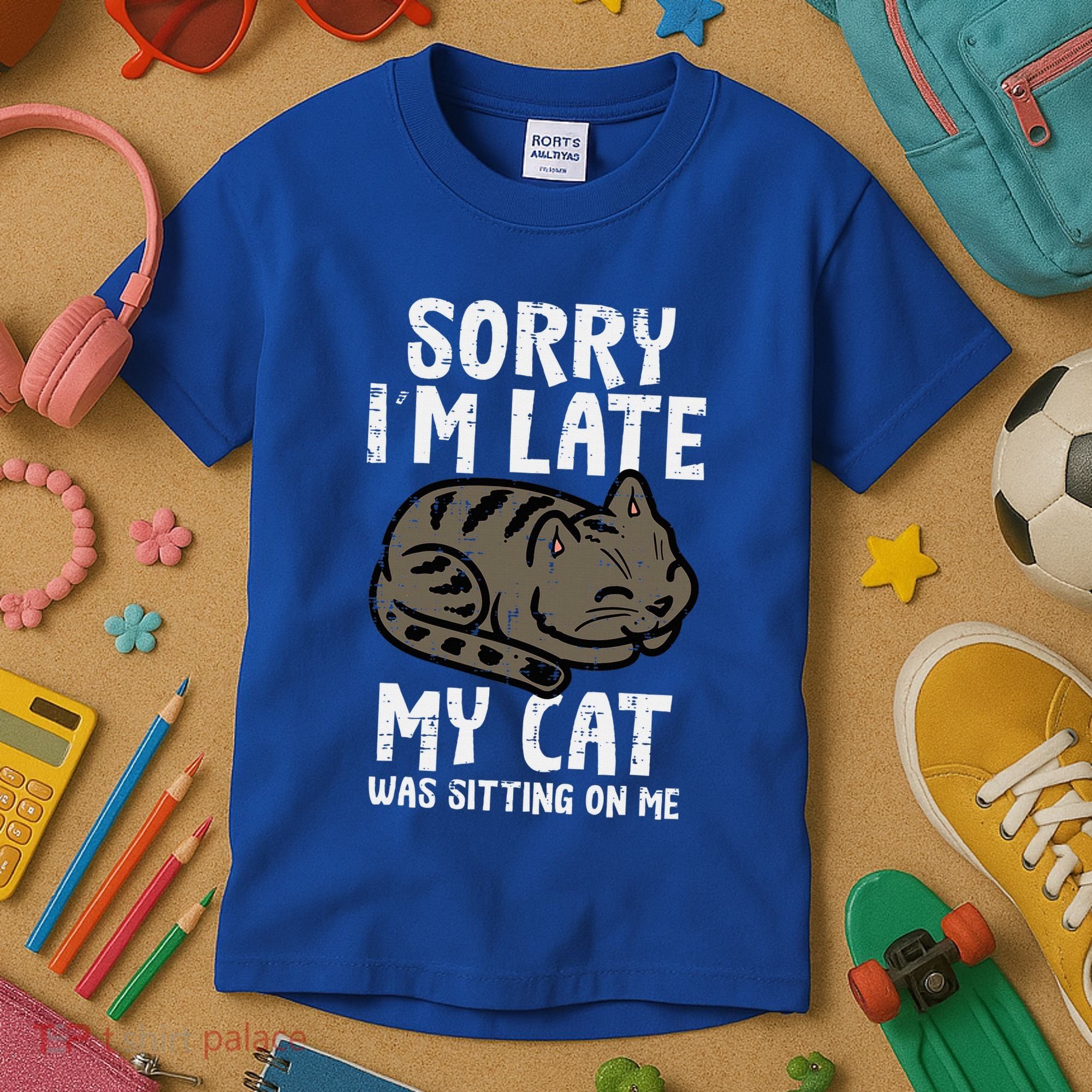 Sorry Im Late Cat Sitting On Me Funny Pet Kids T-Shirt