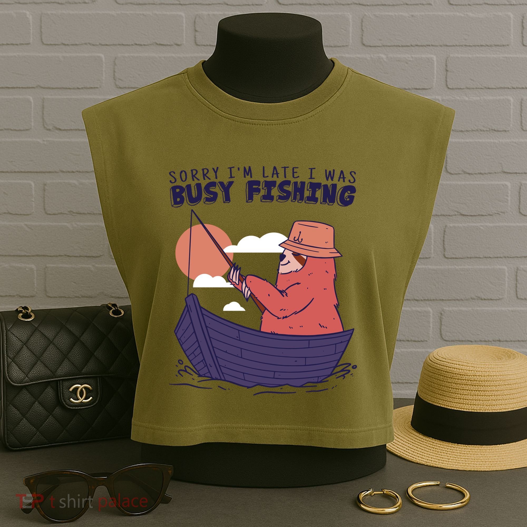 Sorry I'm Late Busy Fishing Garment-Dyed Women's Muscle Tee