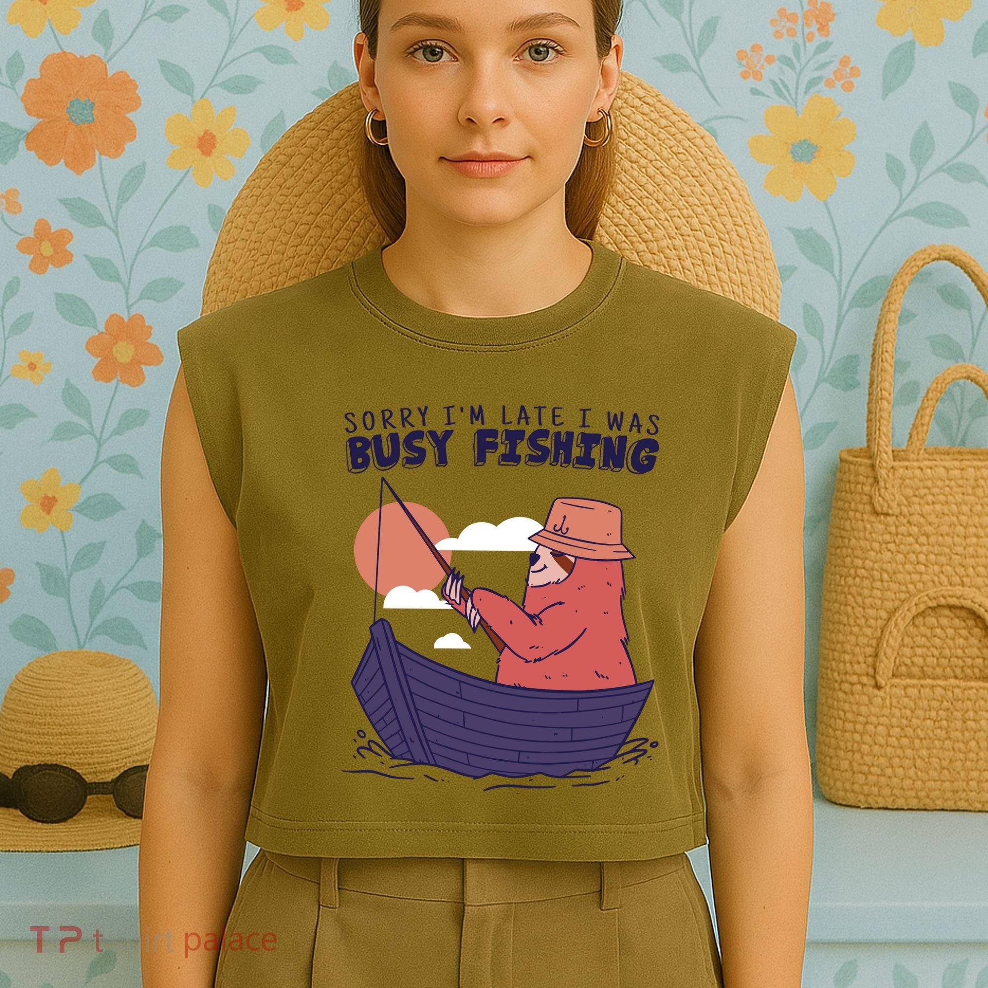 Sorry I'm Late Busy Fishing Garment-Dyed Women's Muscle Tee