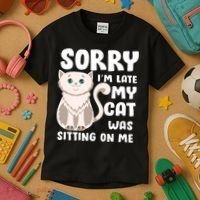 Sorry I'm Late My Cat Was Sitting On Me Kids T-Shirt thumb 3