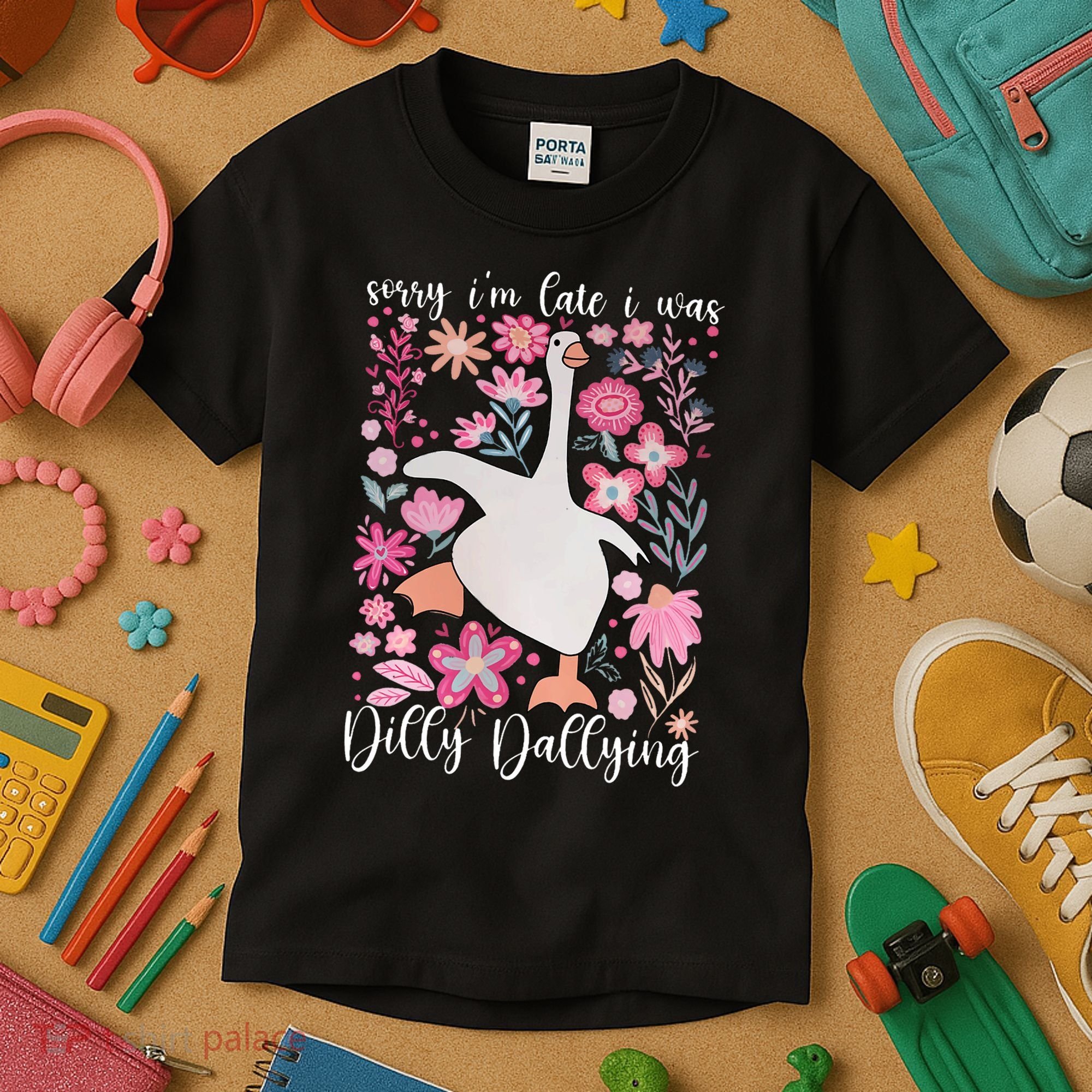 Sorry I'm Late I Was Dilly Dallying Boho Floral Goose  Kids T-Shirt