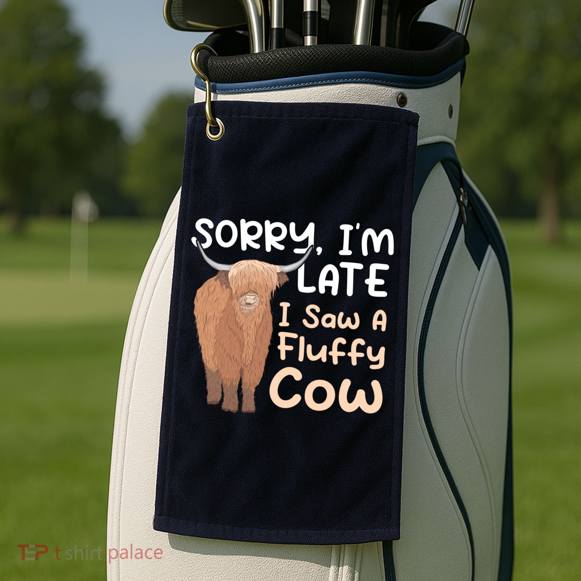 Sorry I'm Late I Saw A Fluffy Cow Highland Cow Breeder Golf Towel