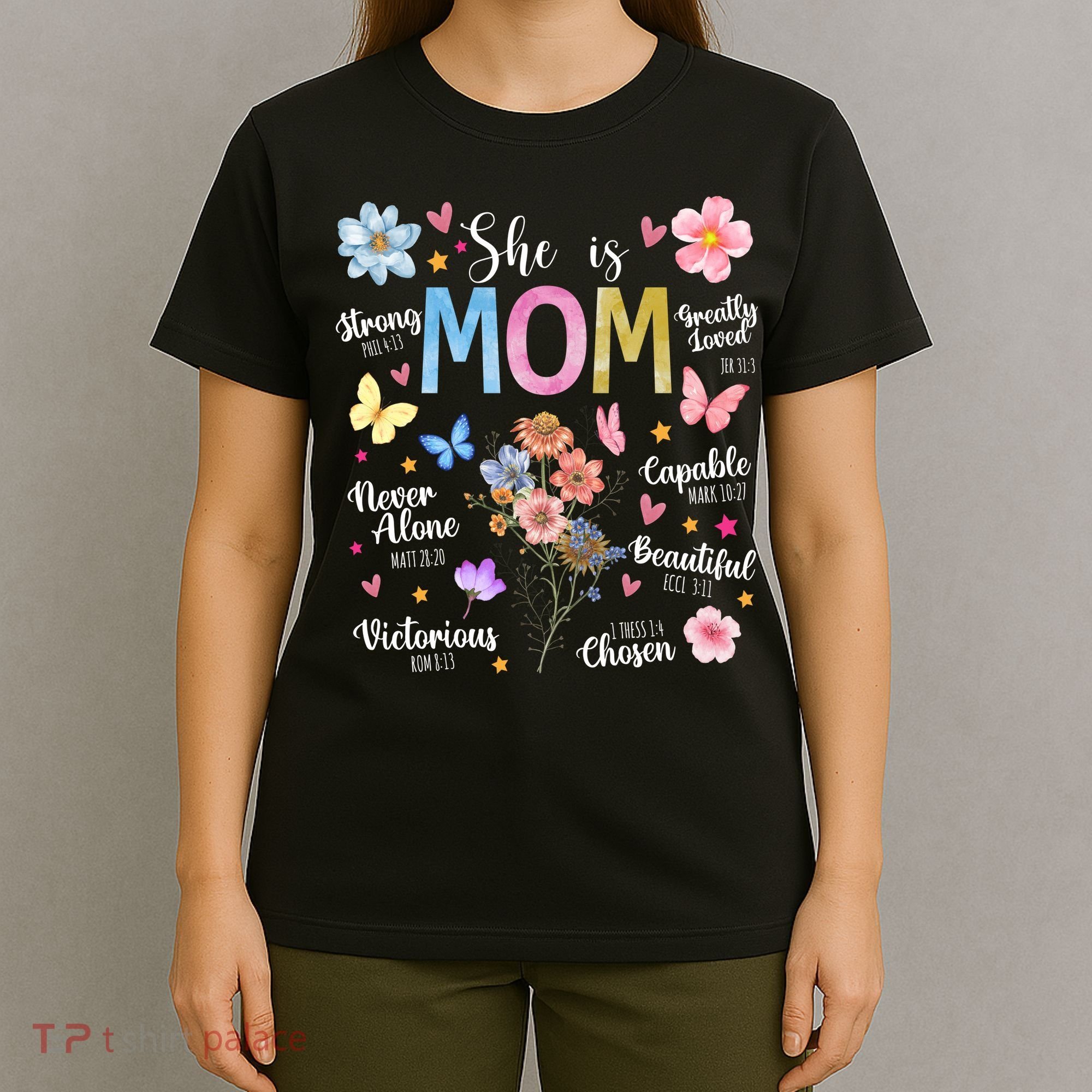 She Is Mom Bible Verses Christian Boho Floral T-Shirt