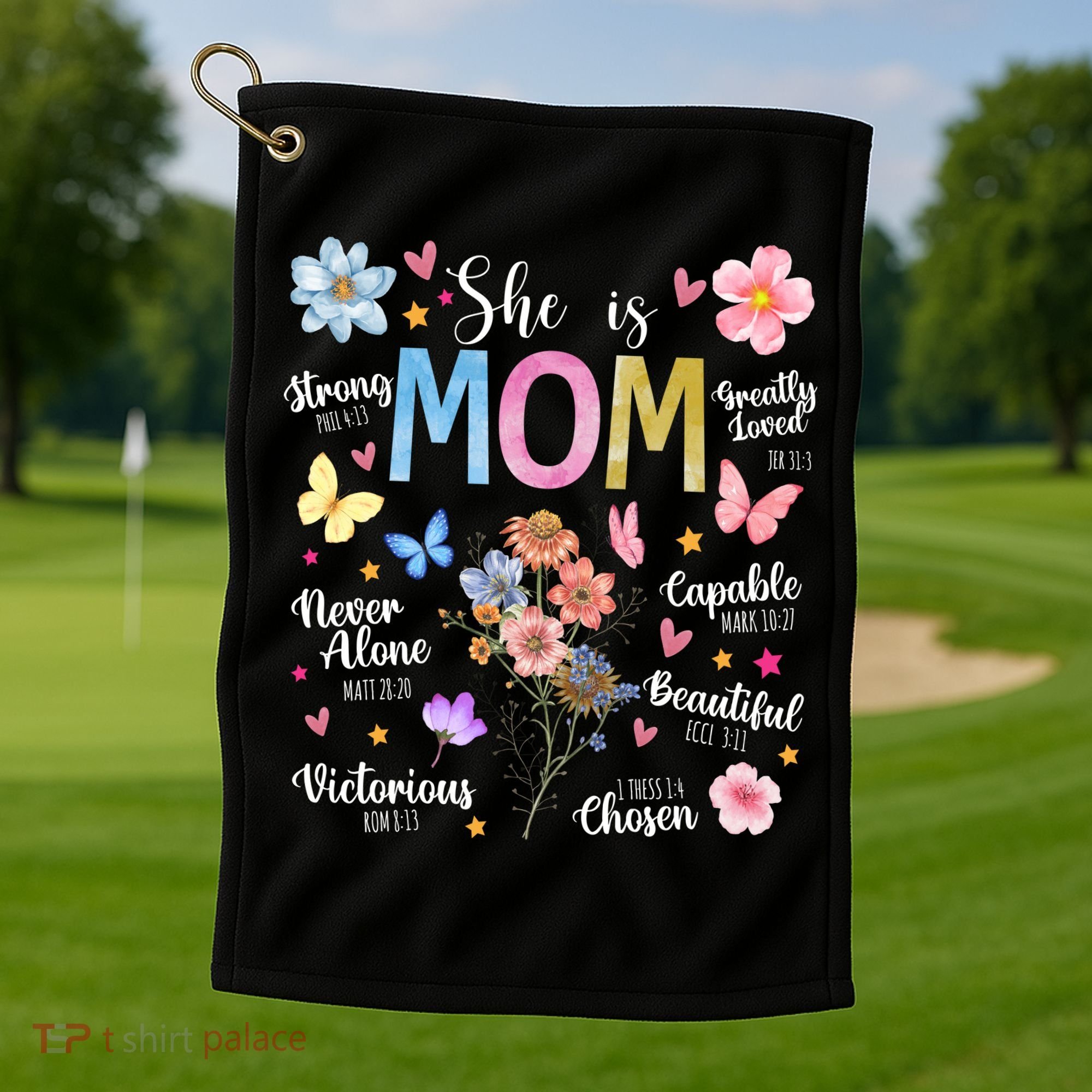 She Is Mom Bible Verses Christian Boho Floral Golf Towel